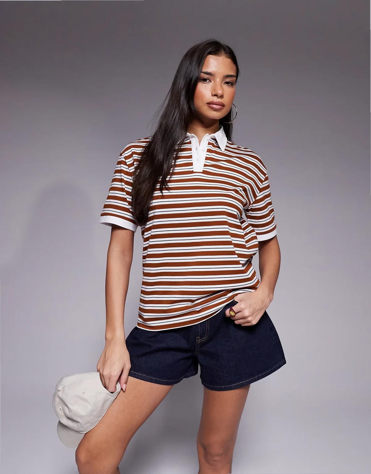 exclusive collared oversized rugby polo T-shirt in mustard & white stripe