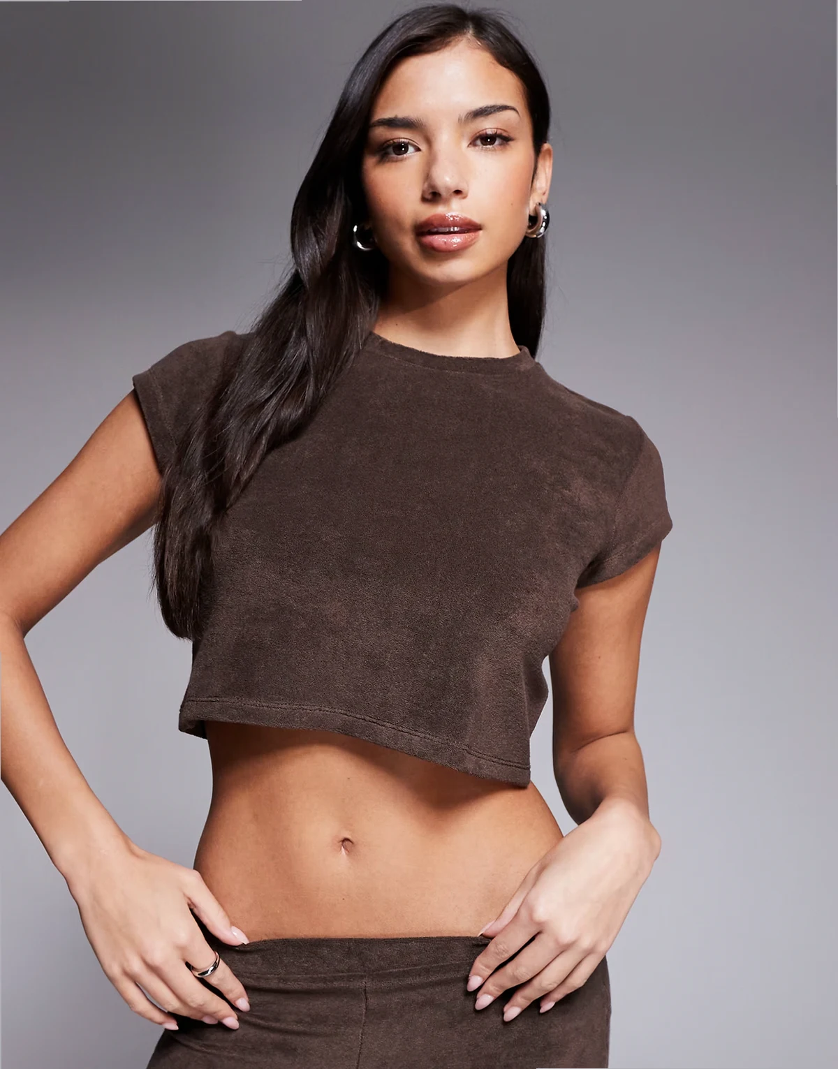 exclusive cotton rich terrycloth cropped T-shirt in chocolate - part of a set