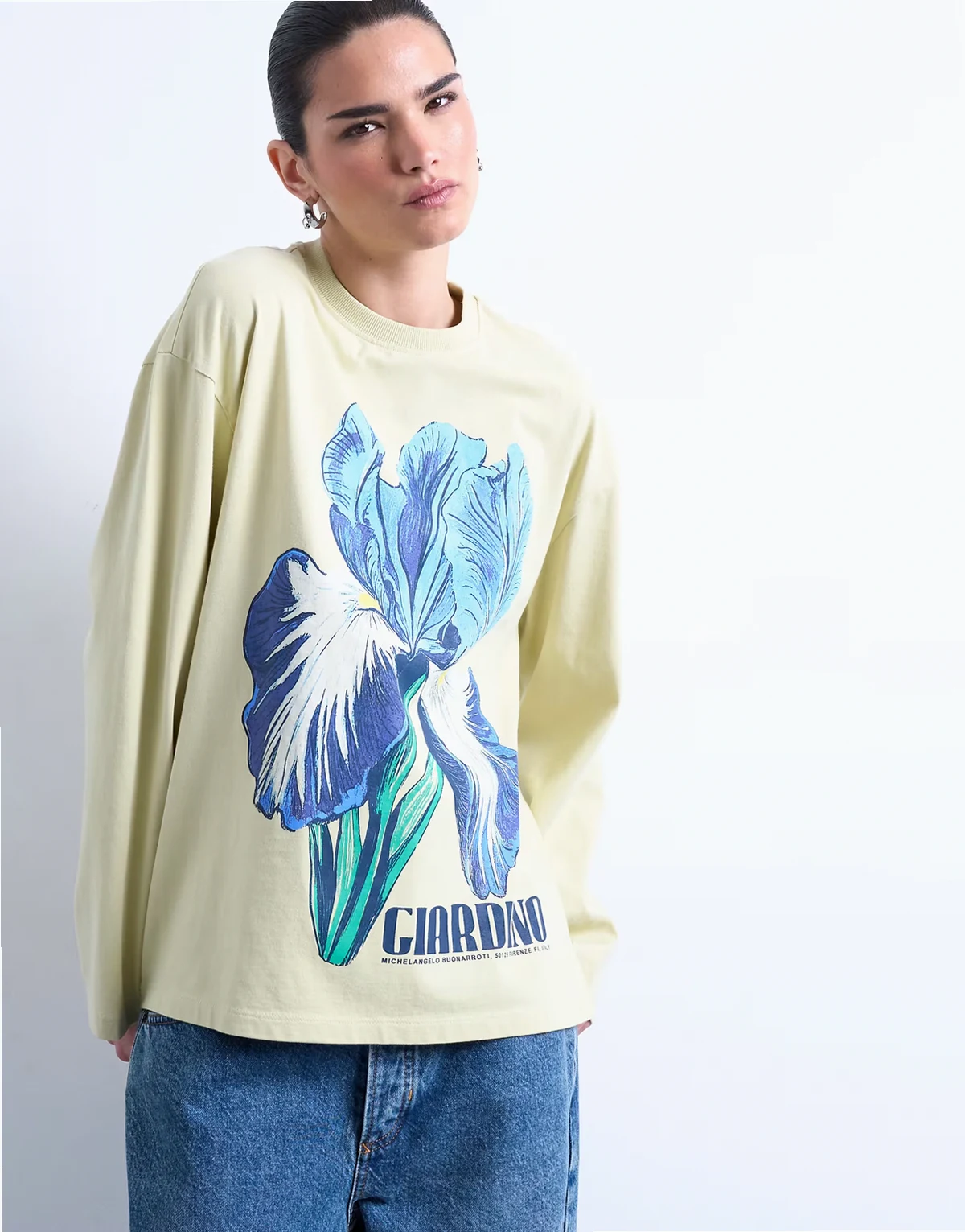 – Zielony T-shirt skater z grafiką z irysem i napisem Giardino