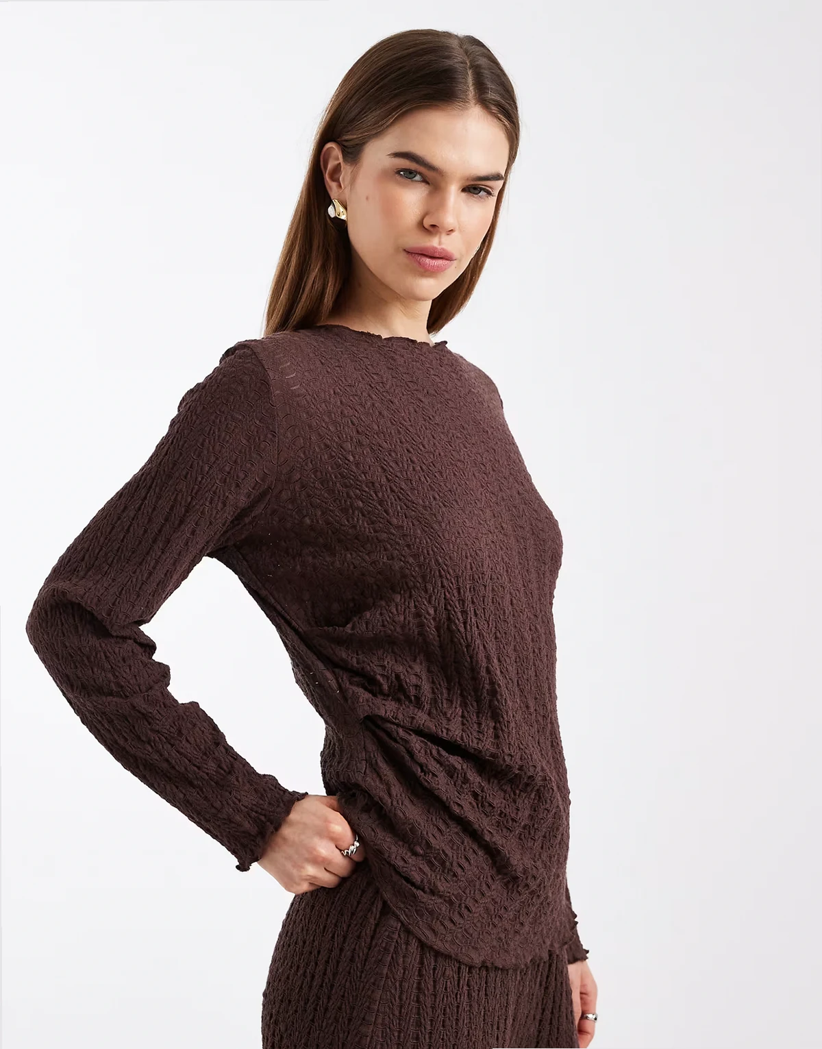 long sleeve top with ruched detail in chocolate - part of a set