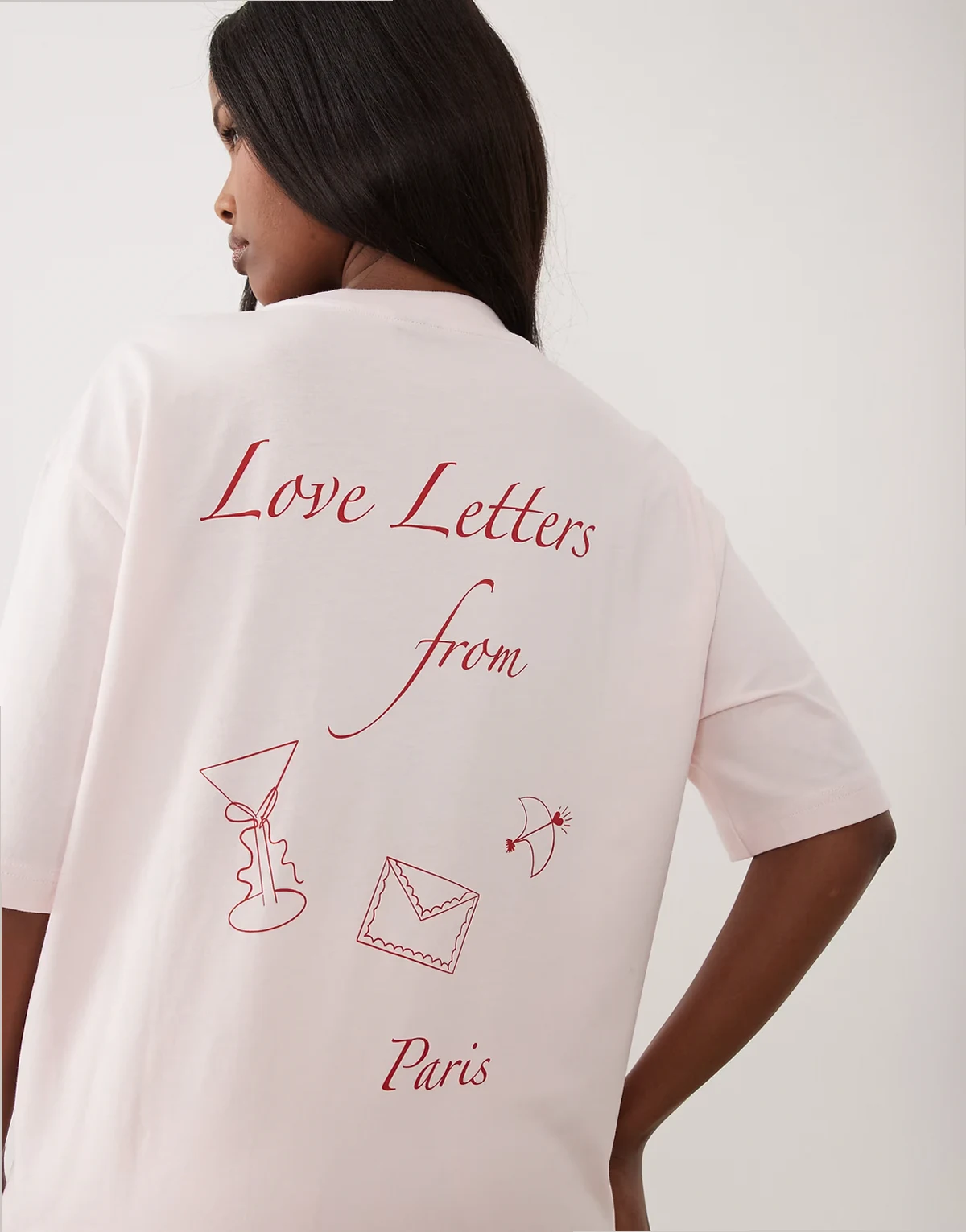 – Kurzärmliges Oversize-T-Shirt in Rosa mit rotem „Love Letters from Paris“-Print