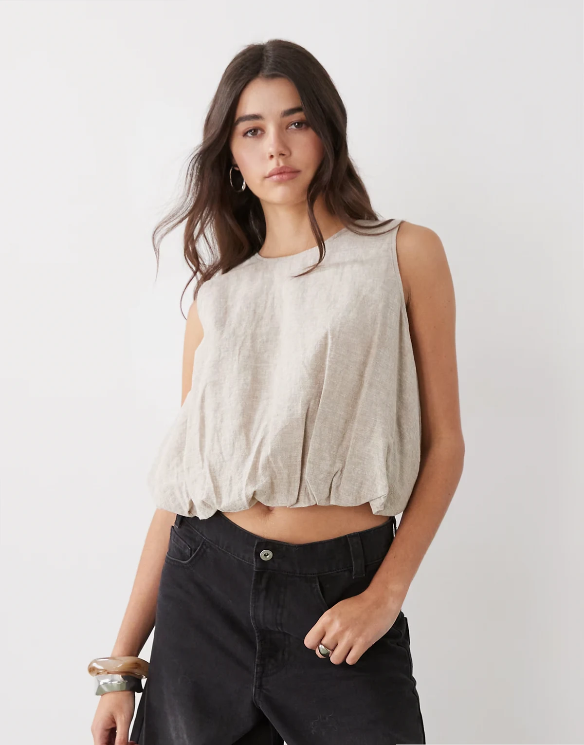 linen blend bubble top in beige