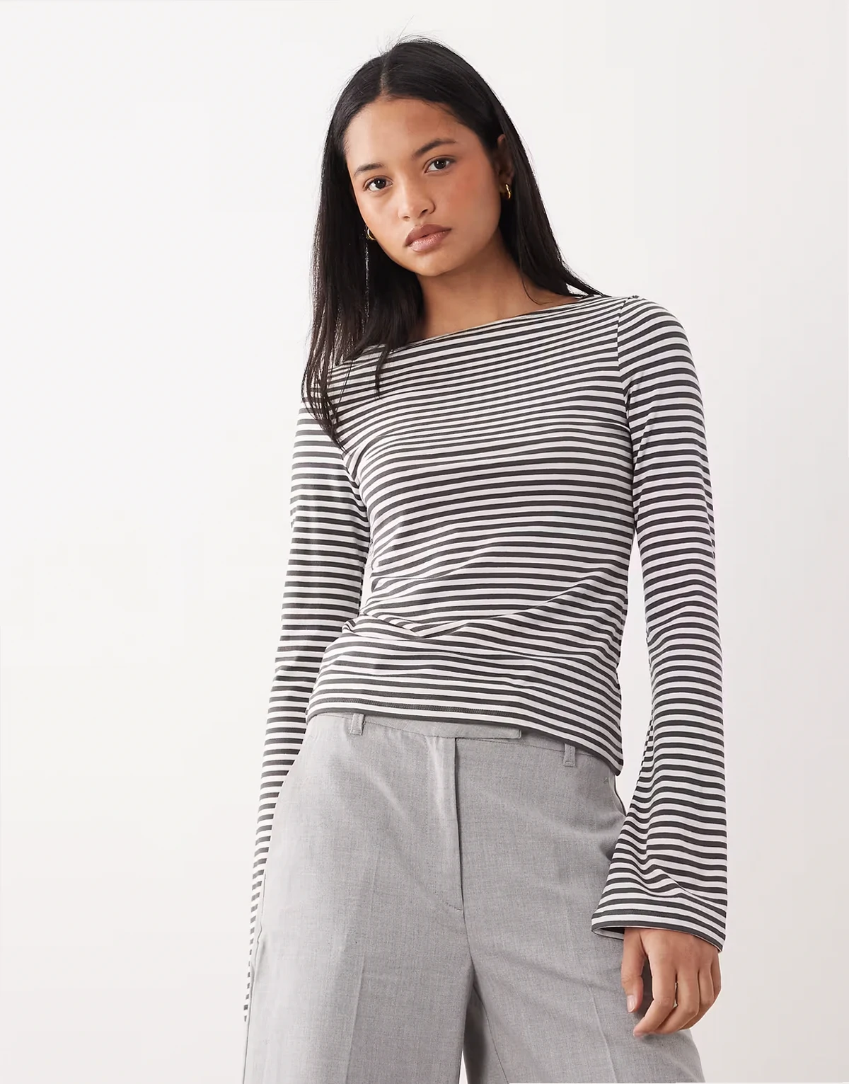 Annie super soft boat neck long sleeve top in off-white & mole stripes