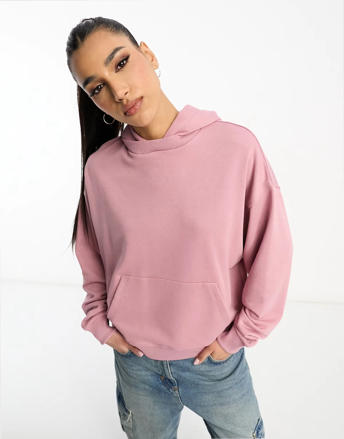 – Hybrid-Kapuzenpullover-Sweatshirt in Vintage-Rosa mit Oversize-Schnitt