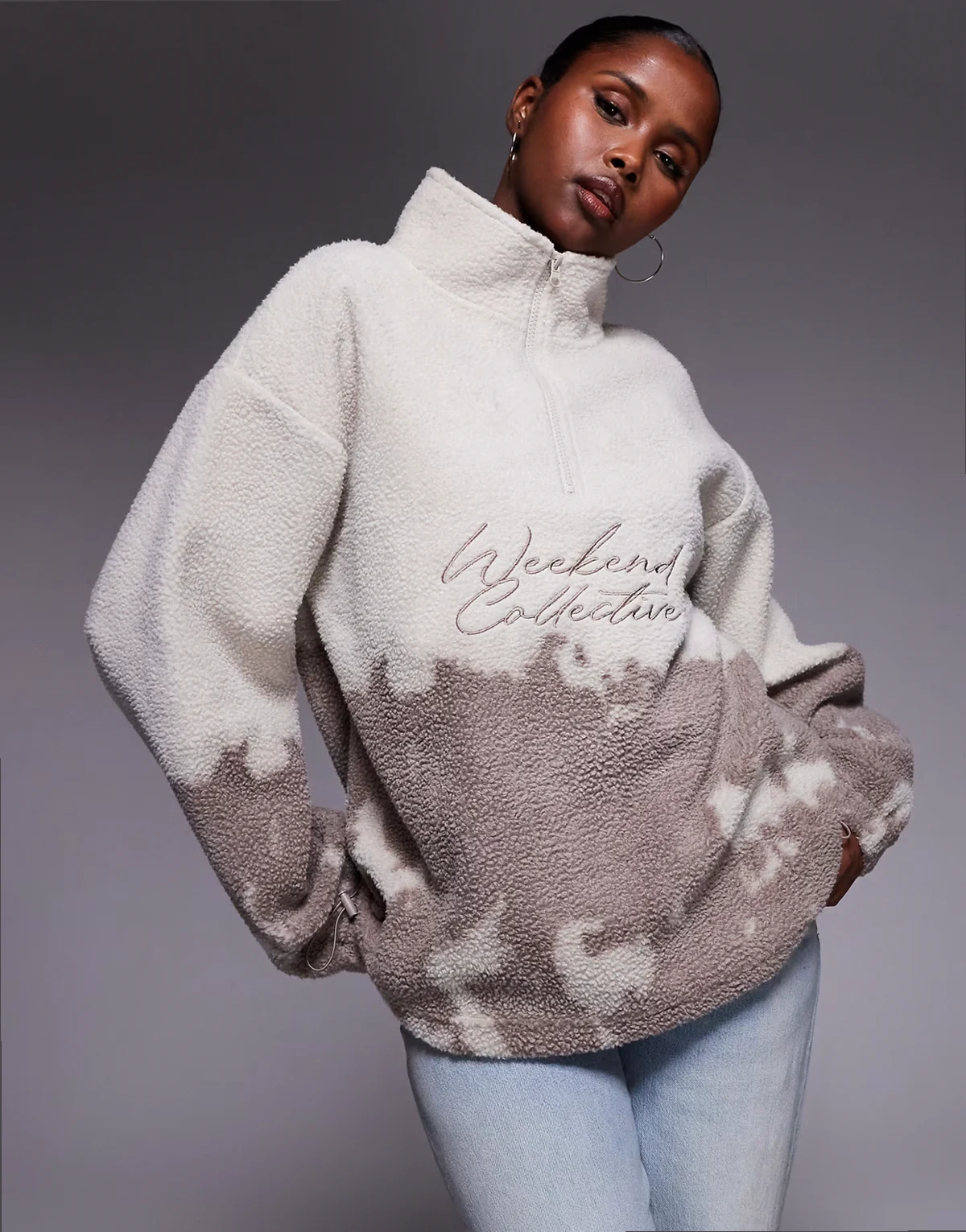 Weekend Collective oversized half zip borg fleece with logo in ombre cream and brown print