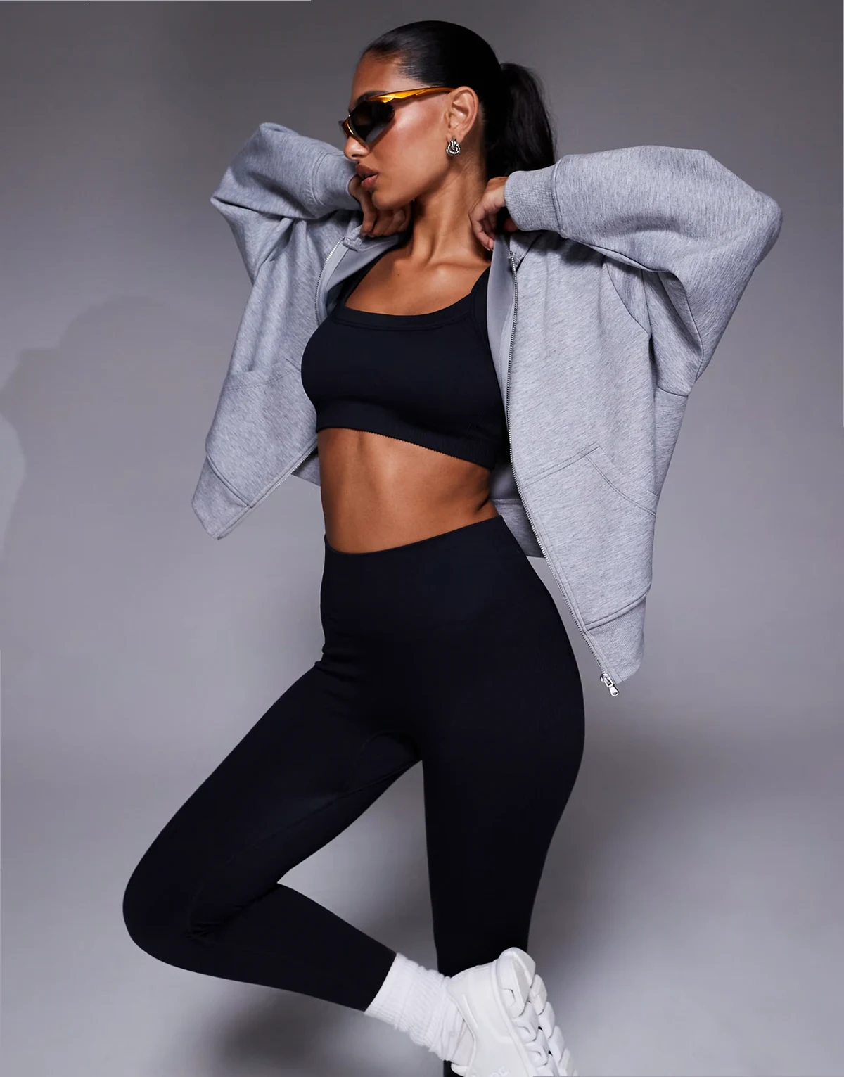 quick dry performance jersey zip up oversized hoodie in gray heather