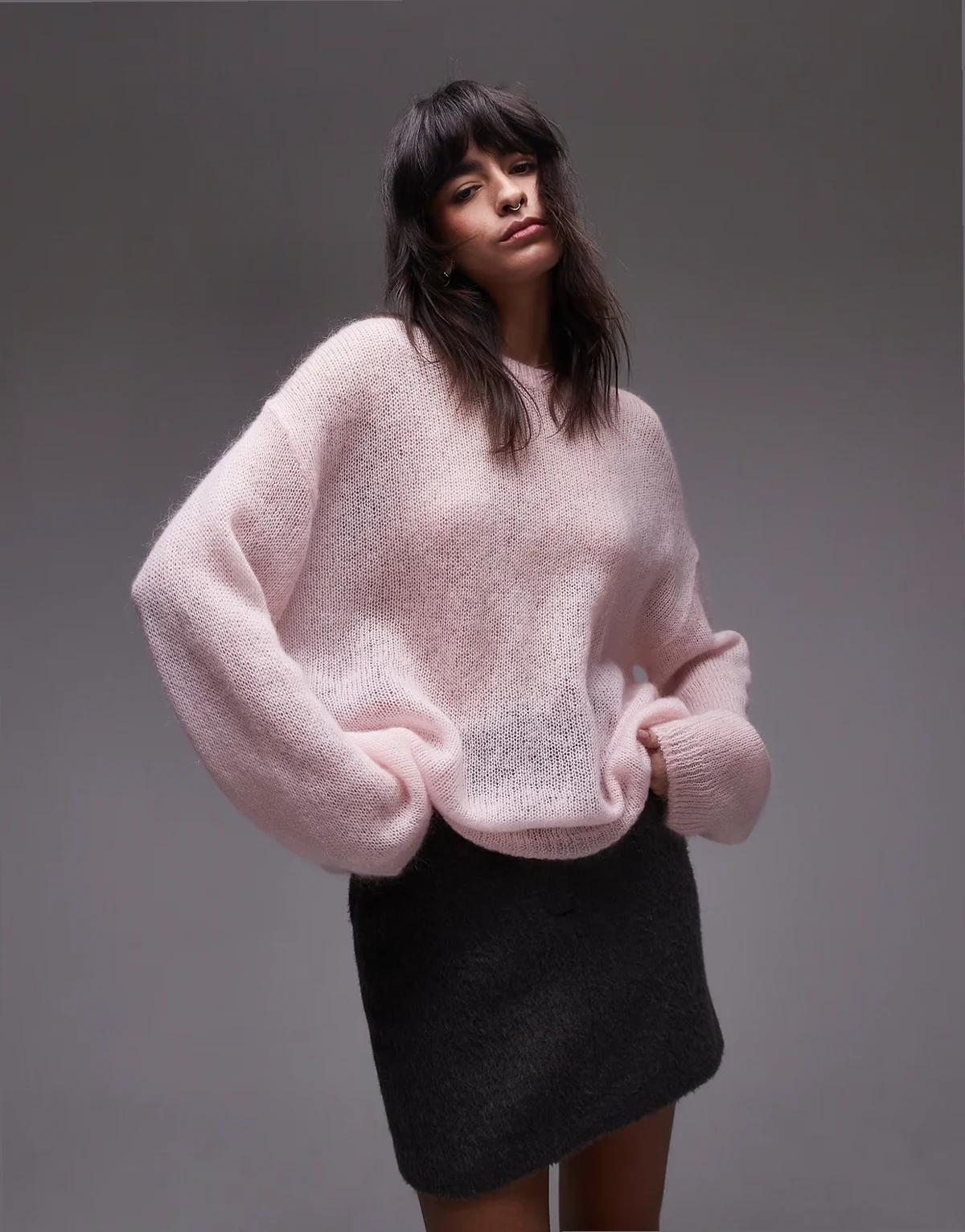 – Transparenter Strickpullover aus Mohair-Wollmix in Hellrosa
