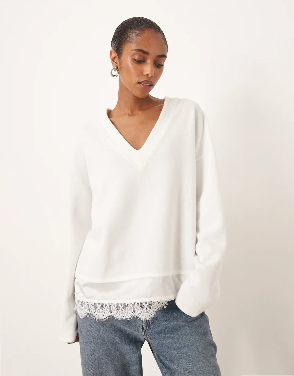 Supersoft v neck sweat with lace insert in winter white