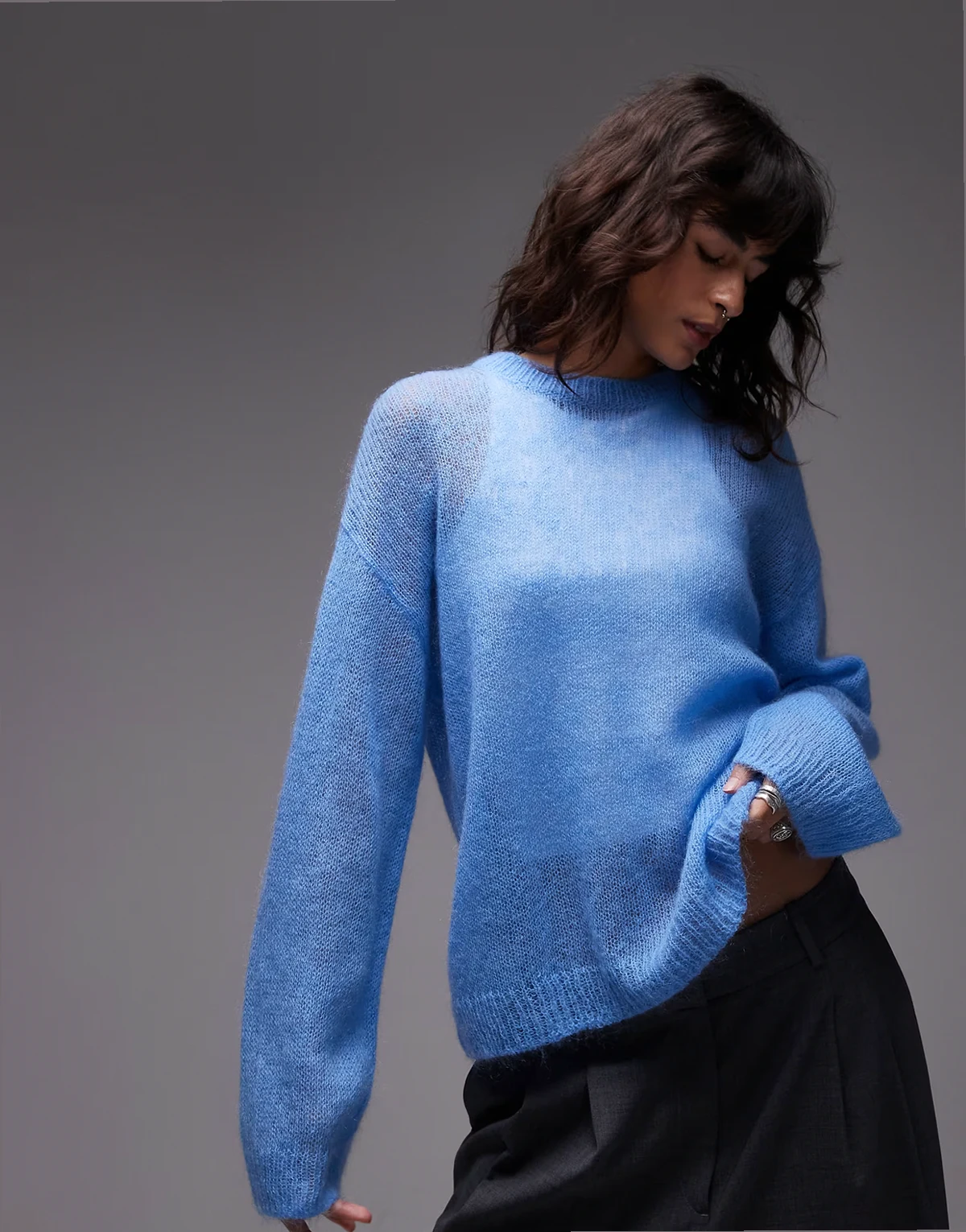 sheer mohair and wool blend knit sweater in blue