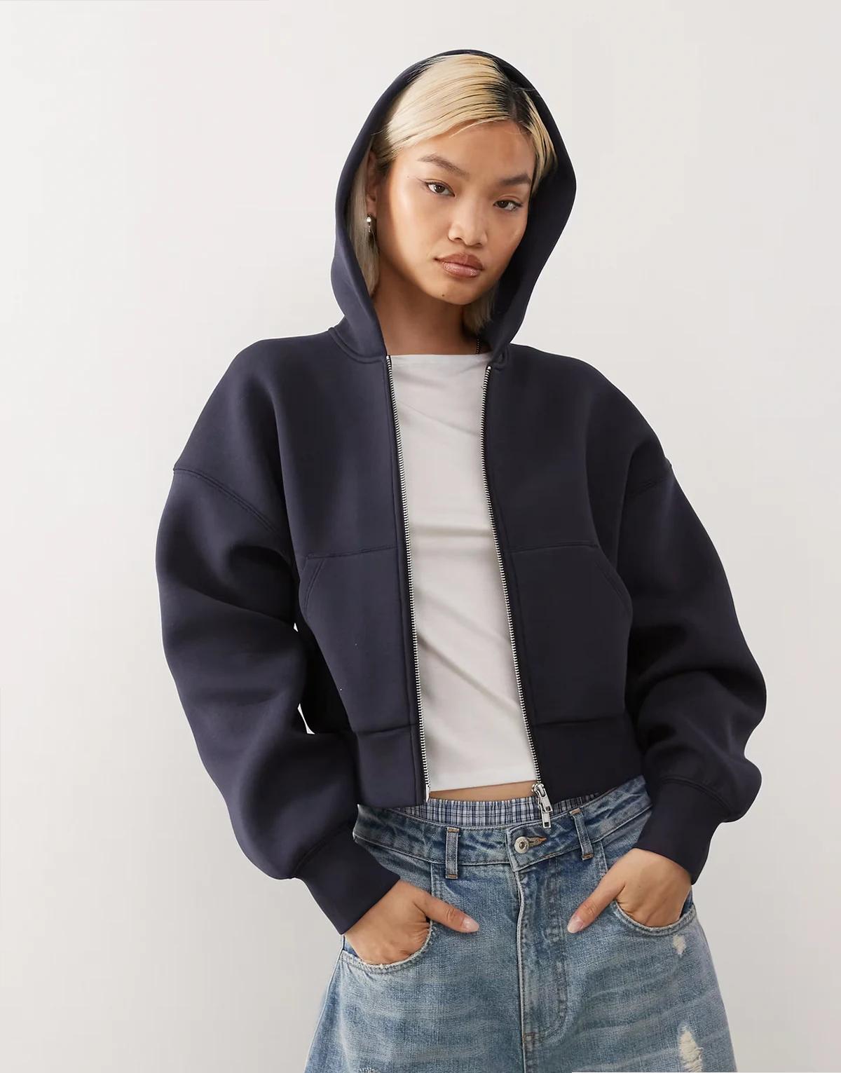 oversized boxy fit zip up hoodie in navy in scuba-style fabric
