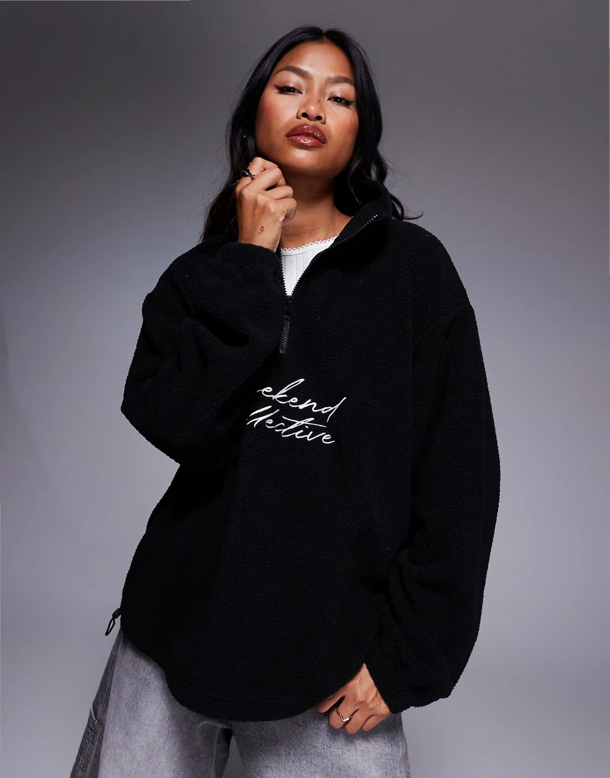 Weekend Collective oversized half zip borg fleece with logo in black