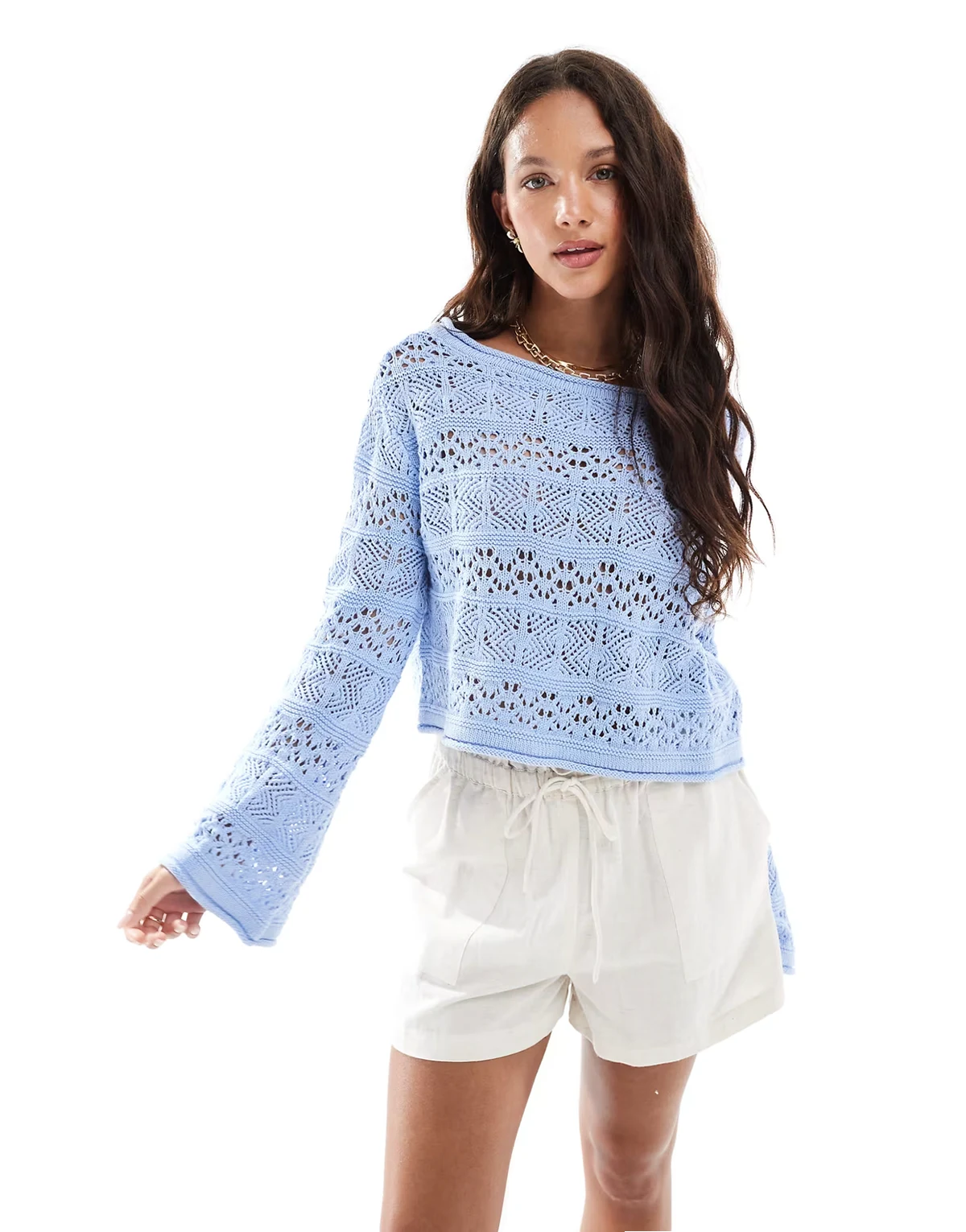 crochet boatneck pullover in blue