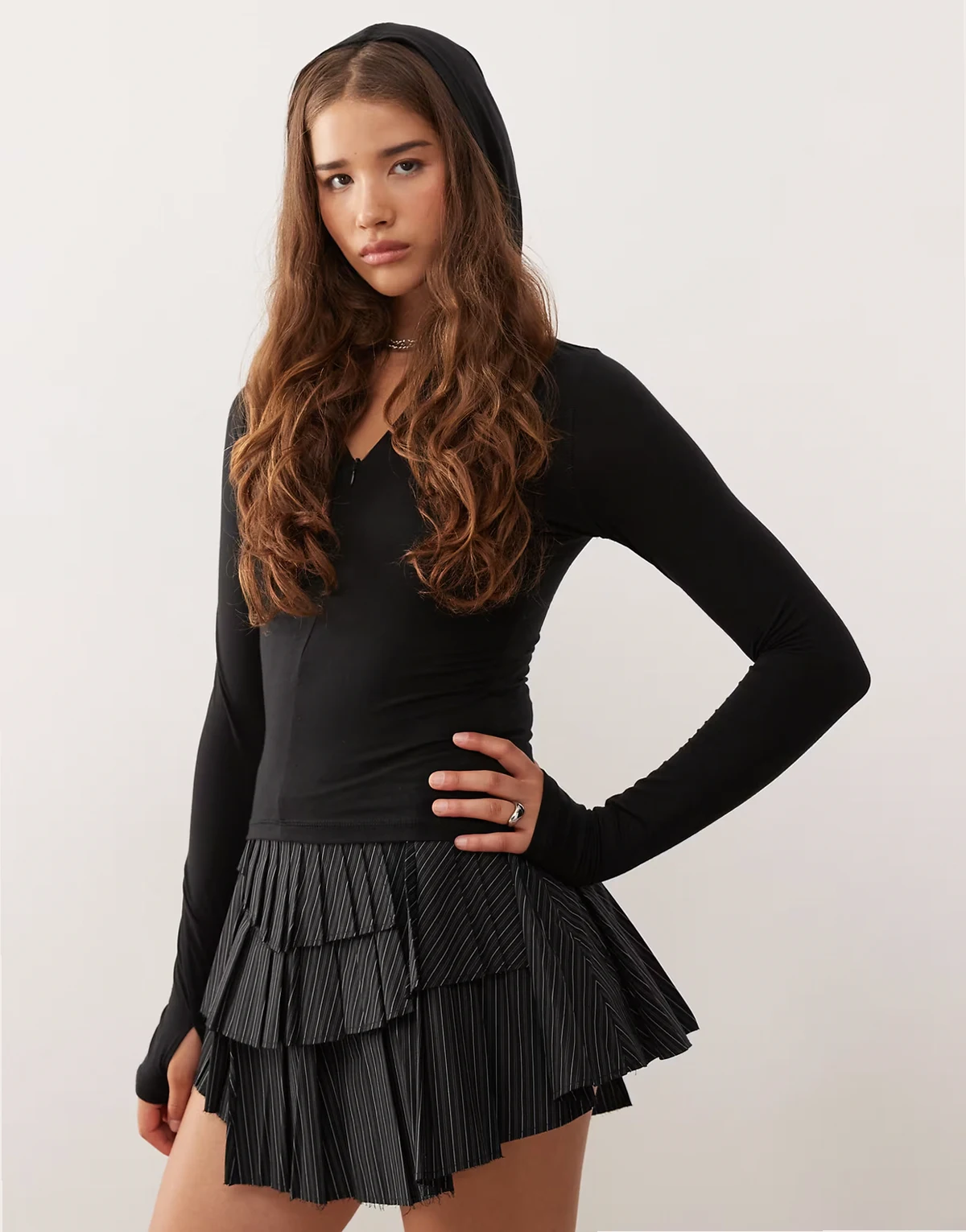 slim fit half zip long sleeve top with hood in black