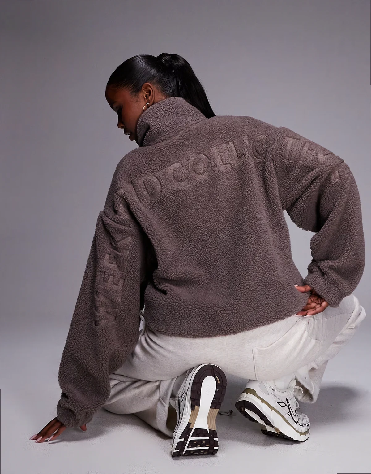 Weekend Collective borg half zip fleece with burnout graphic in taupe