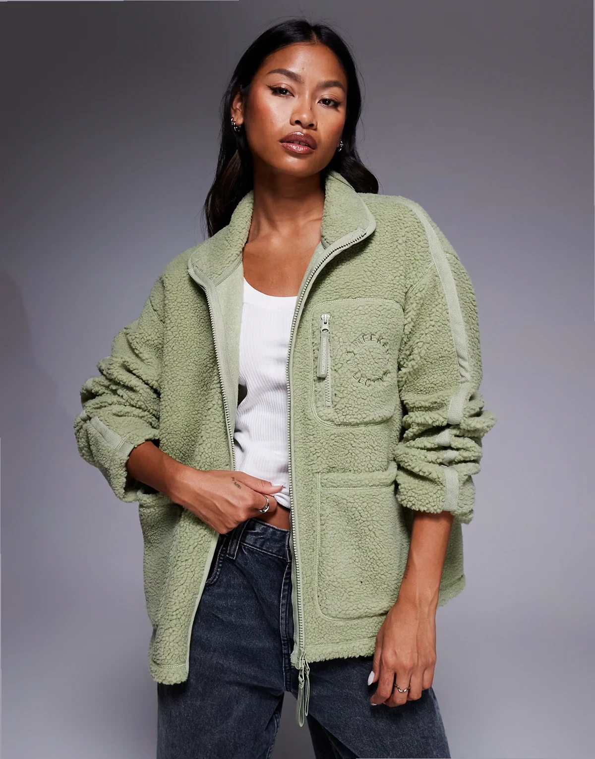 Weekend Collective borg zip through jacket with seam detail in sage green