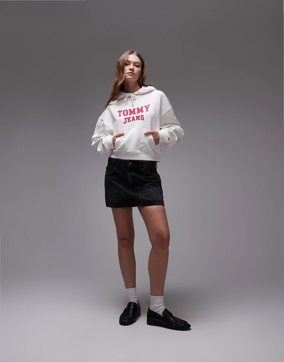 boxy varsity logo hoodie in off white and red