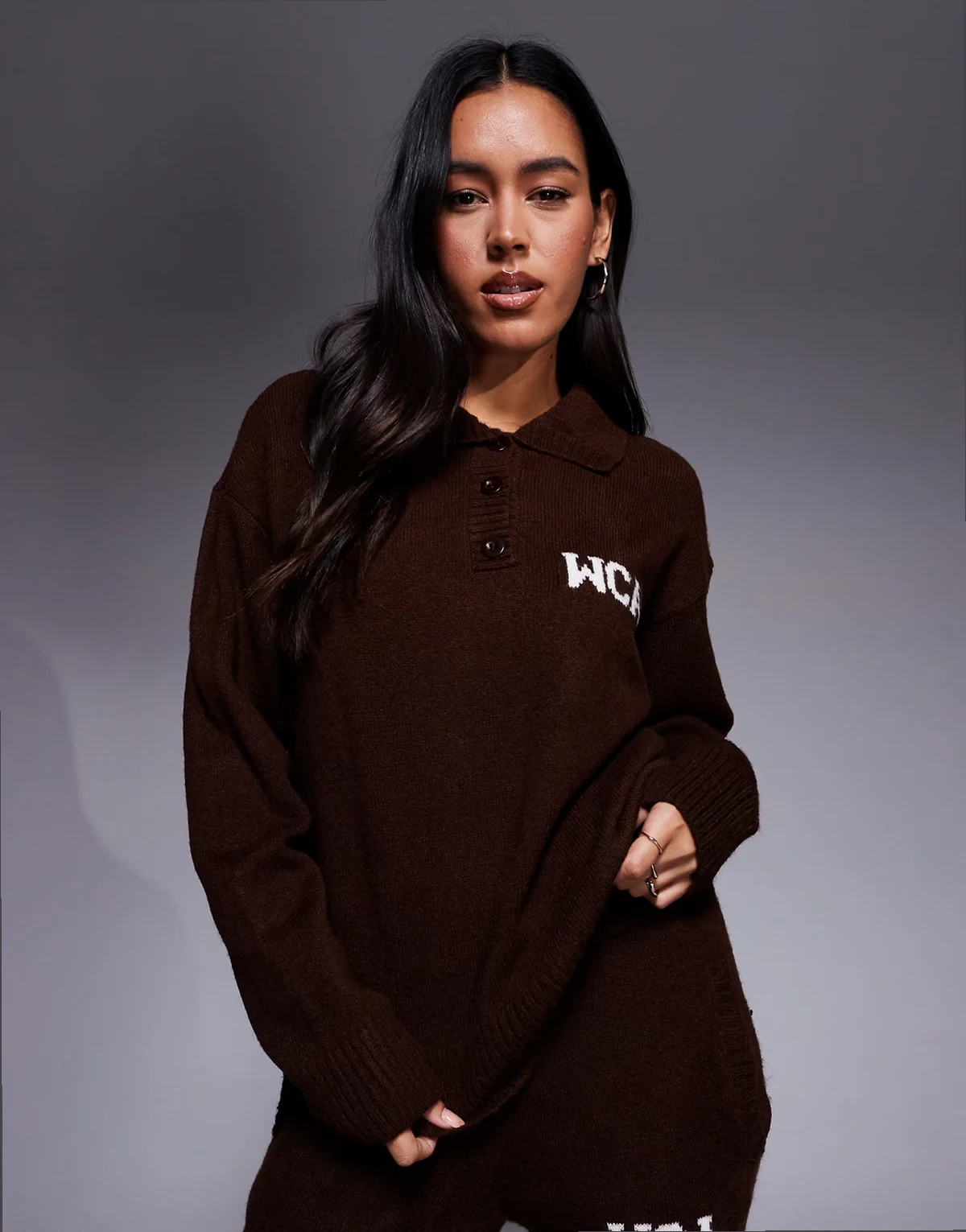 Weekend Collective knit rugby sweatshirt with varsity graphic in chocolate - part of a set