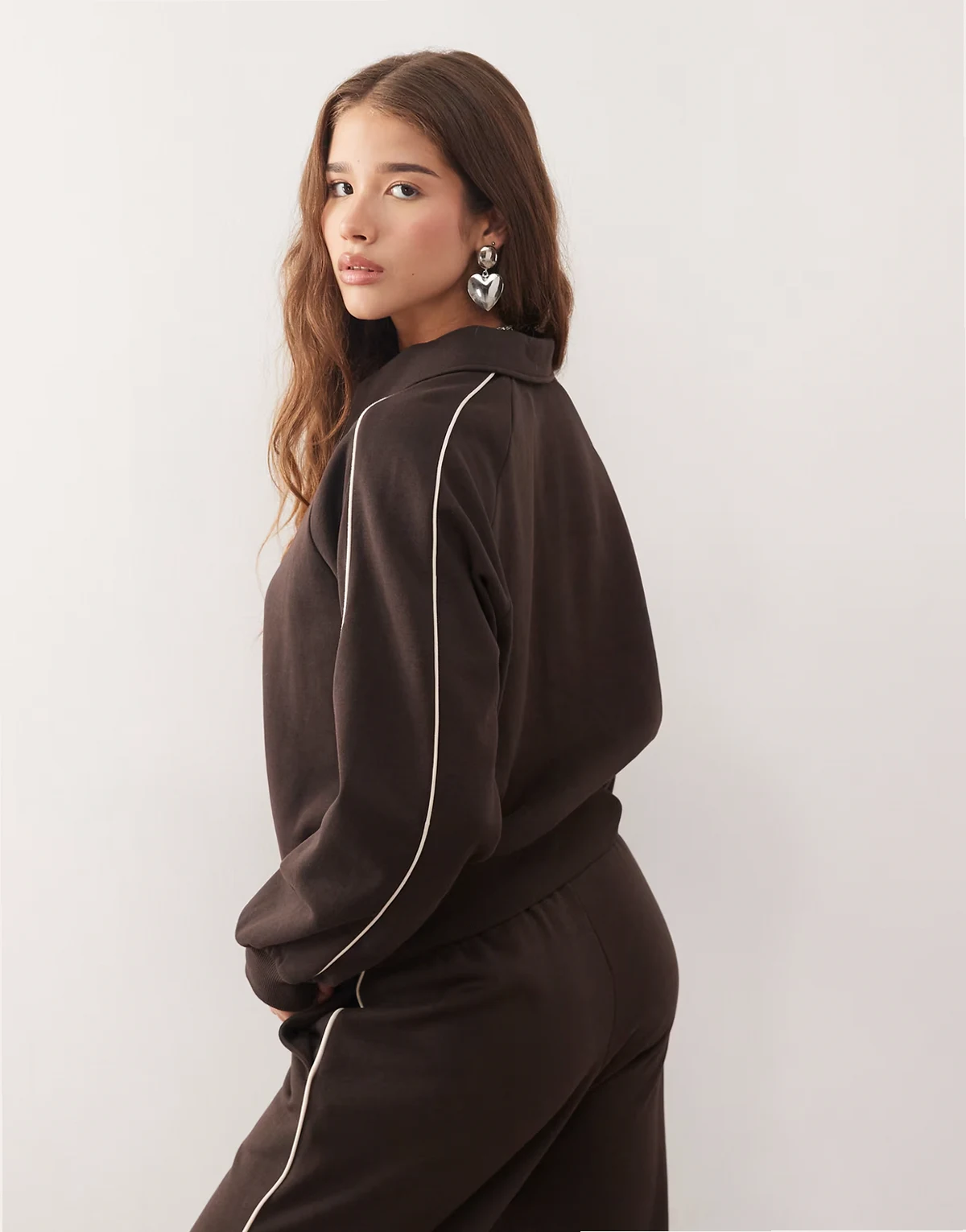 half zip sweatshirt with beige piping detail in dark chocolate brown - part of a set