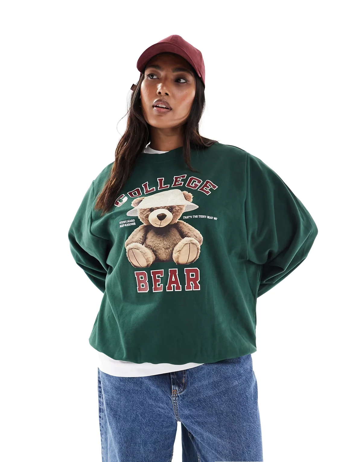 – Oversize-Sweatshirt in Dunkelgrün mit Teddybär-Aufdruck