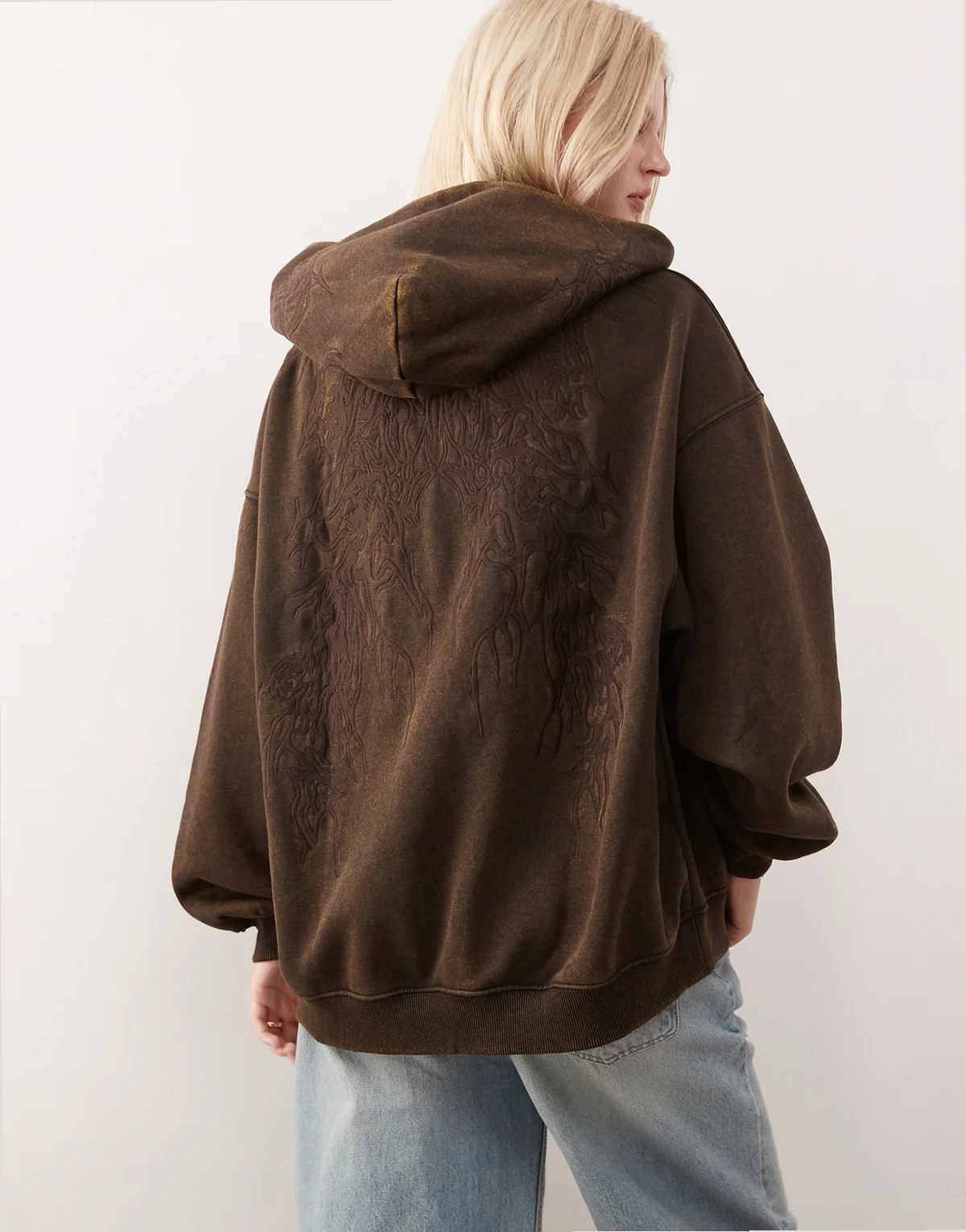 oversized embroidered hoodie in dark brown