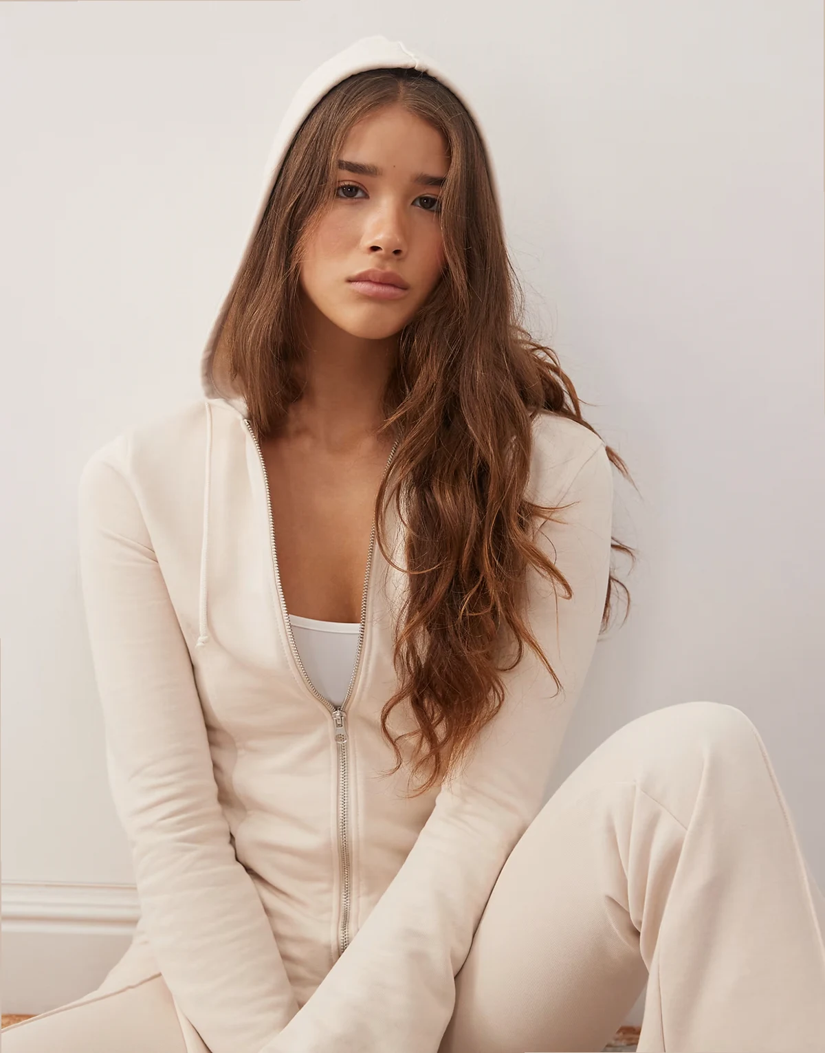 fitted hoodie with flared sleeves in beige - part of a set