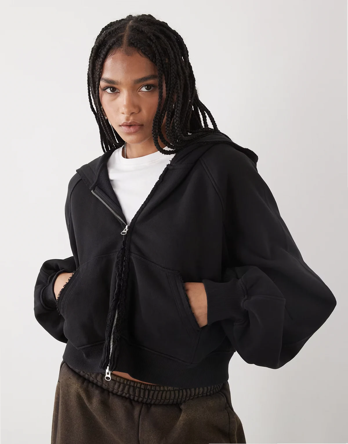 oversized cropped zip up hoodie with freyed hems in washed black