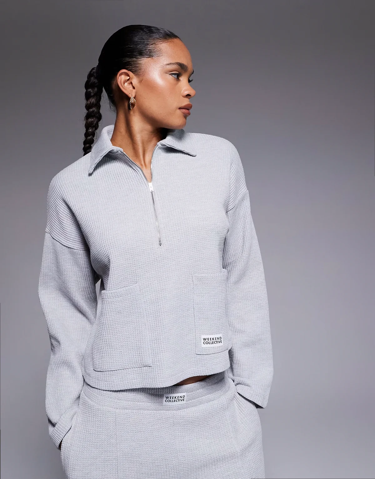 Weekend Collective half zip waffle sweatshirt in gray - part of a set