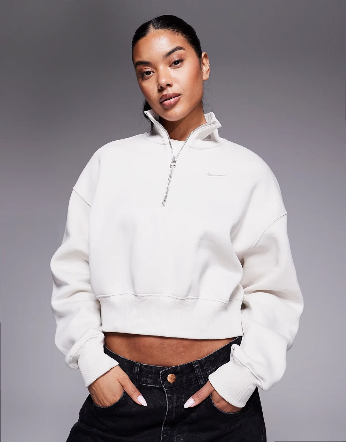 Phoenix Fleece cropped quarter zip sweater in beige