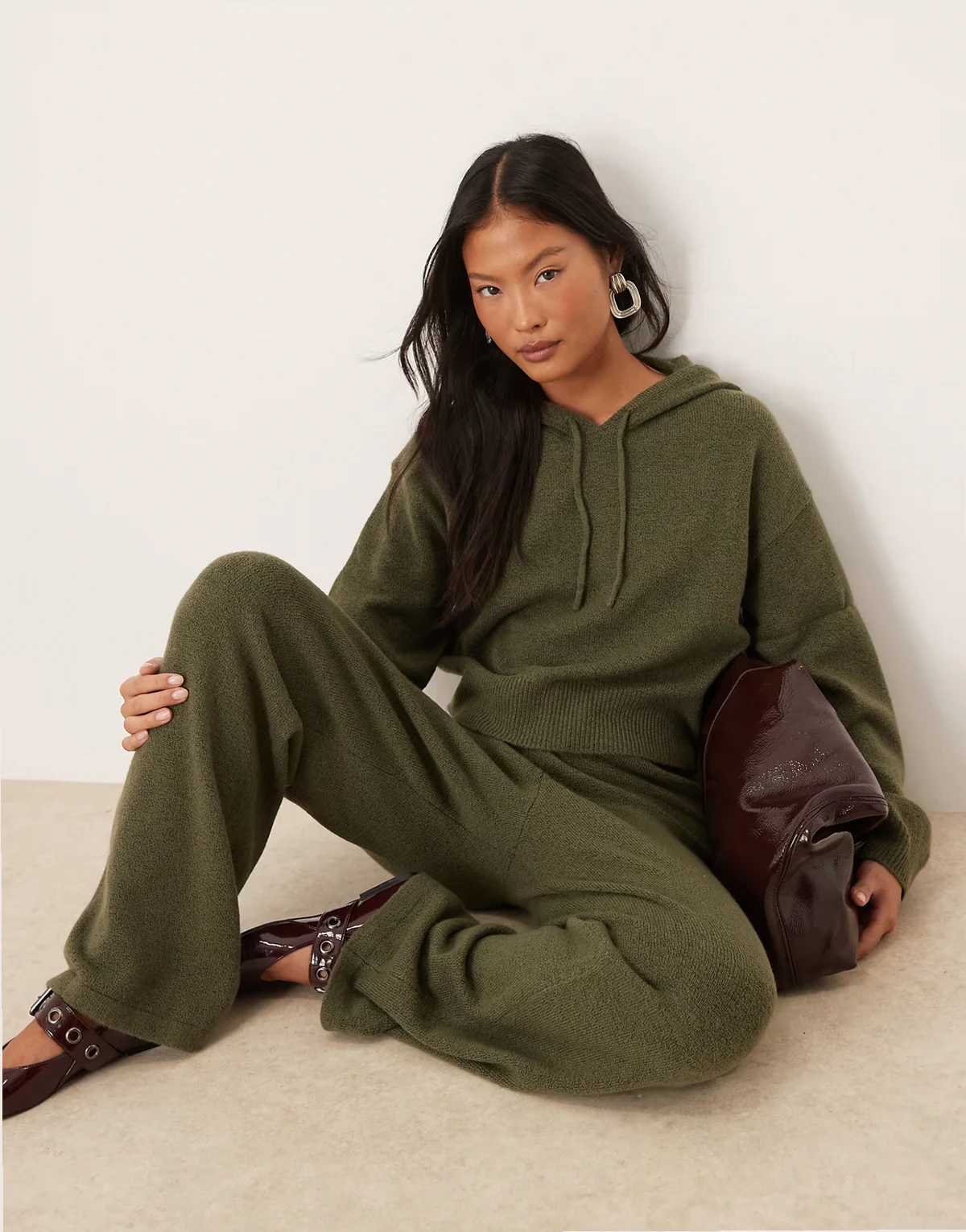 slouchy knit hoodie in khaki green - part of a set