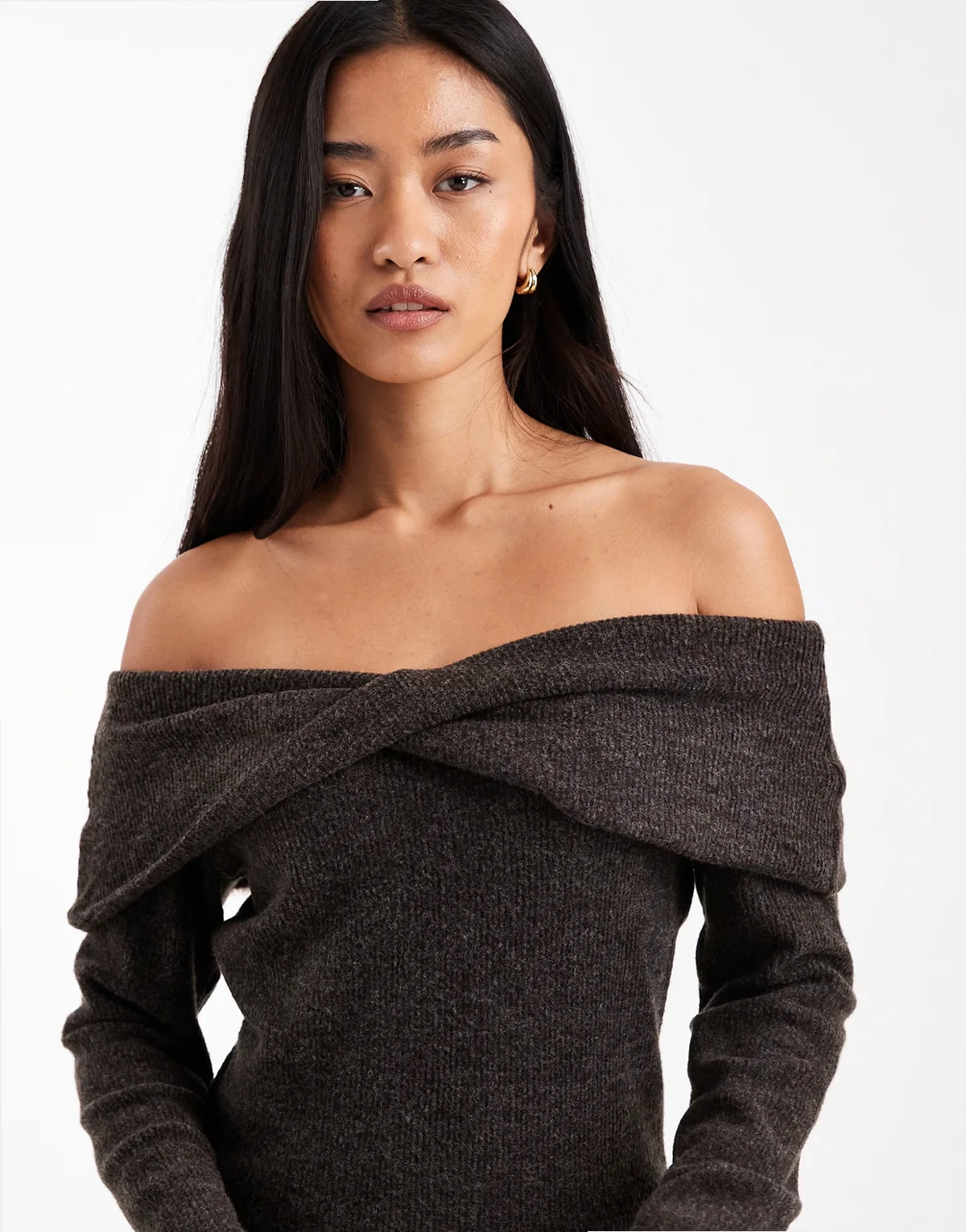 soft touch off shoulder long sleeve top in chocolate melange - part of a set