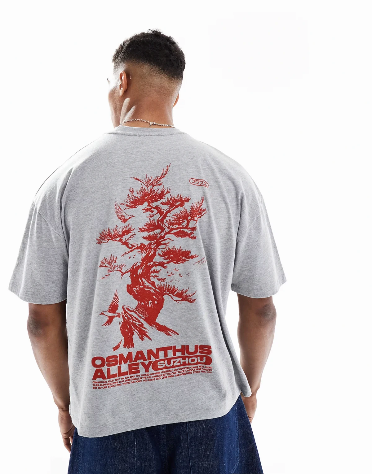 – Szary melanżowy T-shirt o pudełkowym kroju oversize z grafiką z motywem bonsai