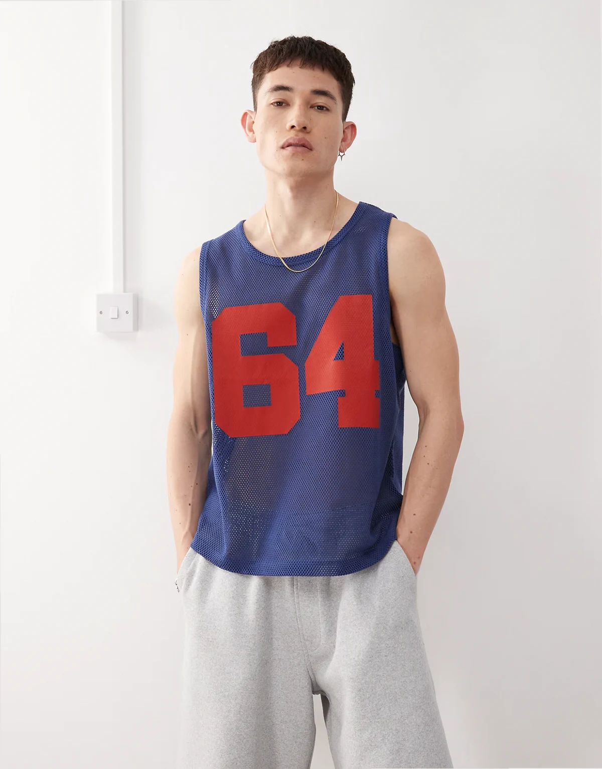 crochet tank top in blue with varsity number print
