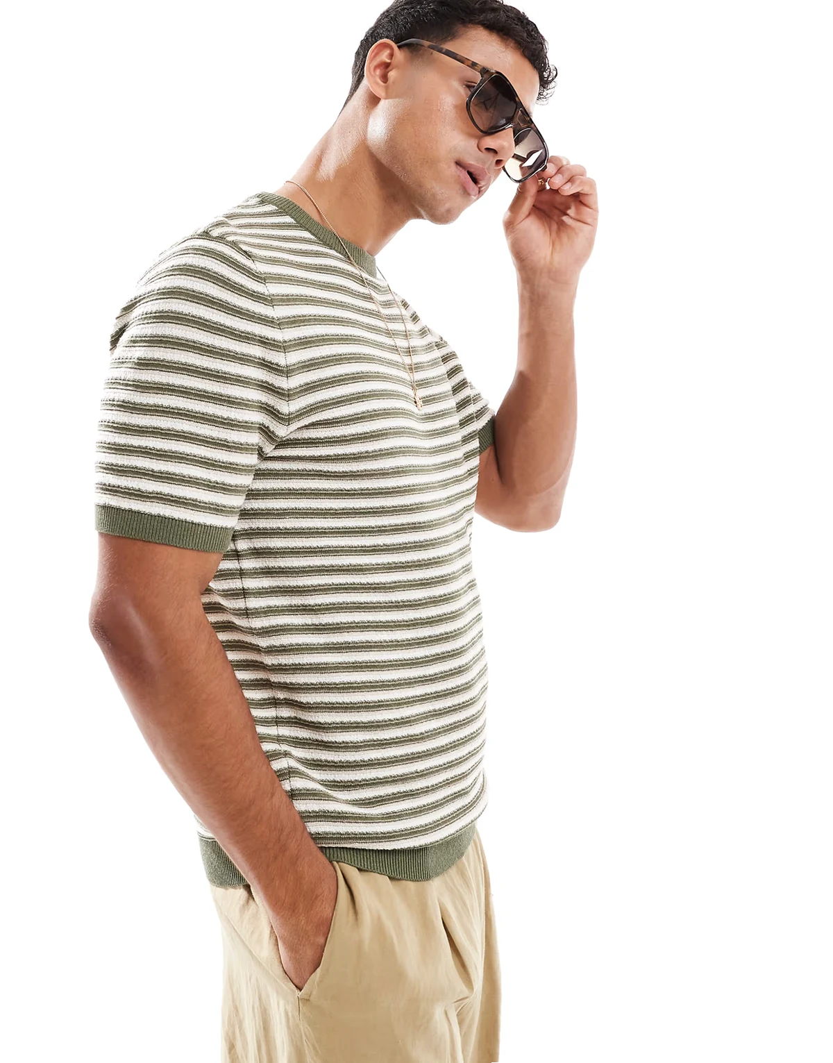 cotton knit striped t-shirt in khaki green and ecru