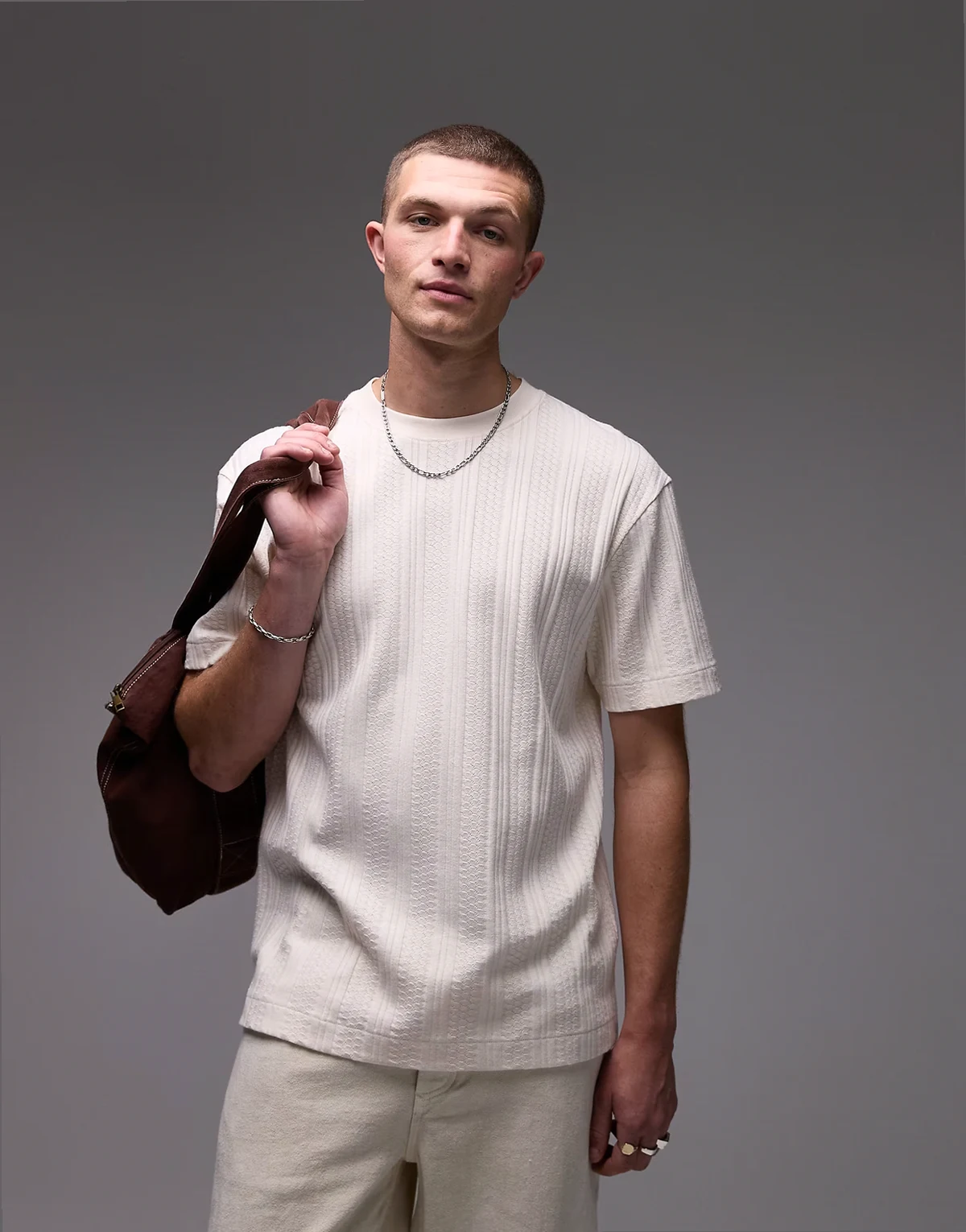 – T-shirt o luźnym kroju z dzianiny pointelle w kolorze ecru