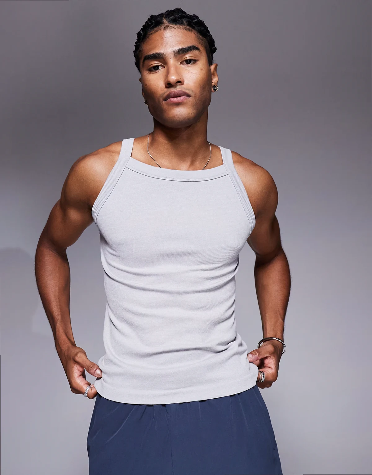 seamless ribbed square neck muscle tank top in gray heather