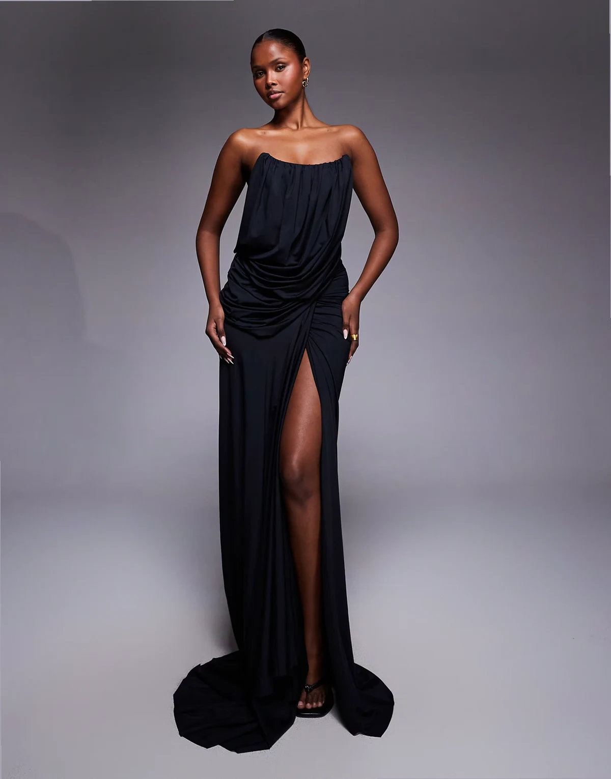 structured bandeau drape detail thigh slit maxi dress in black