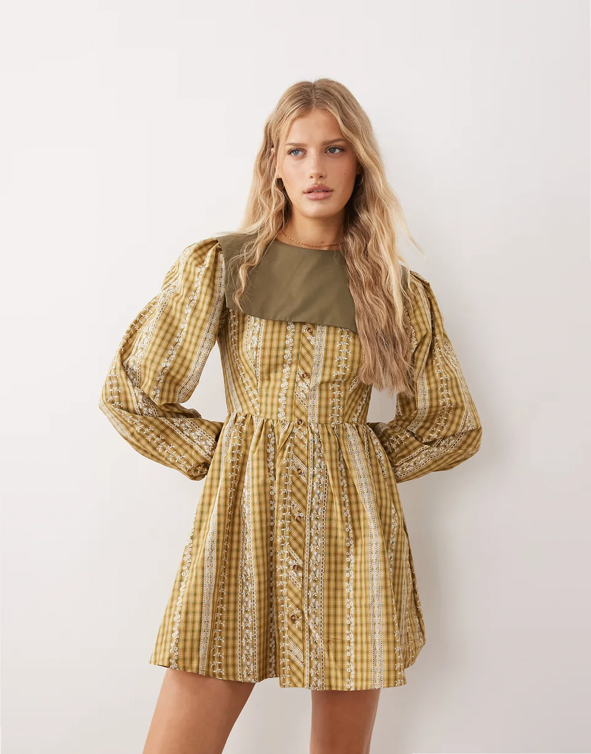square collar mini babydoll dress in yellow plaid