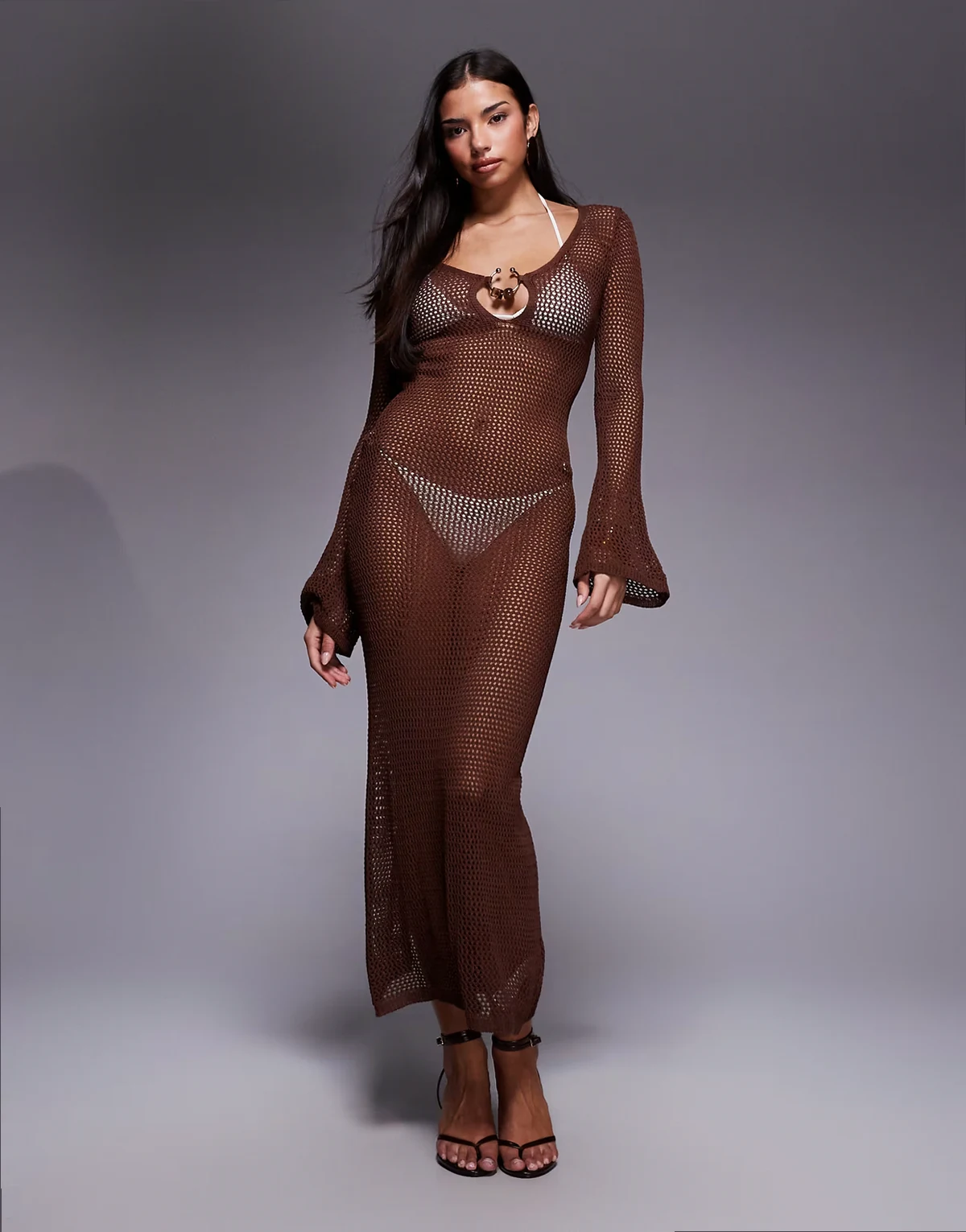 – Gehäkeltes Maxi-Strandkleid in Braun