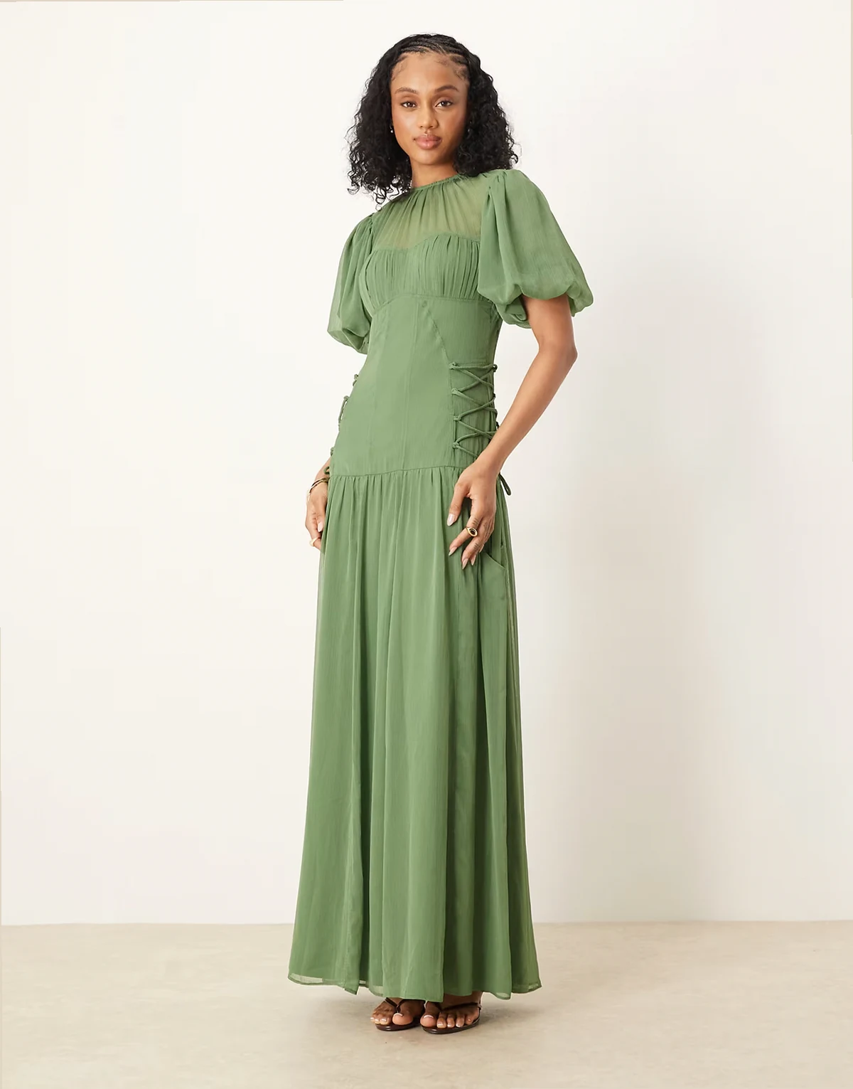 ASOS DESIGN Tall puff sleeve chiffon midaxi dress in green