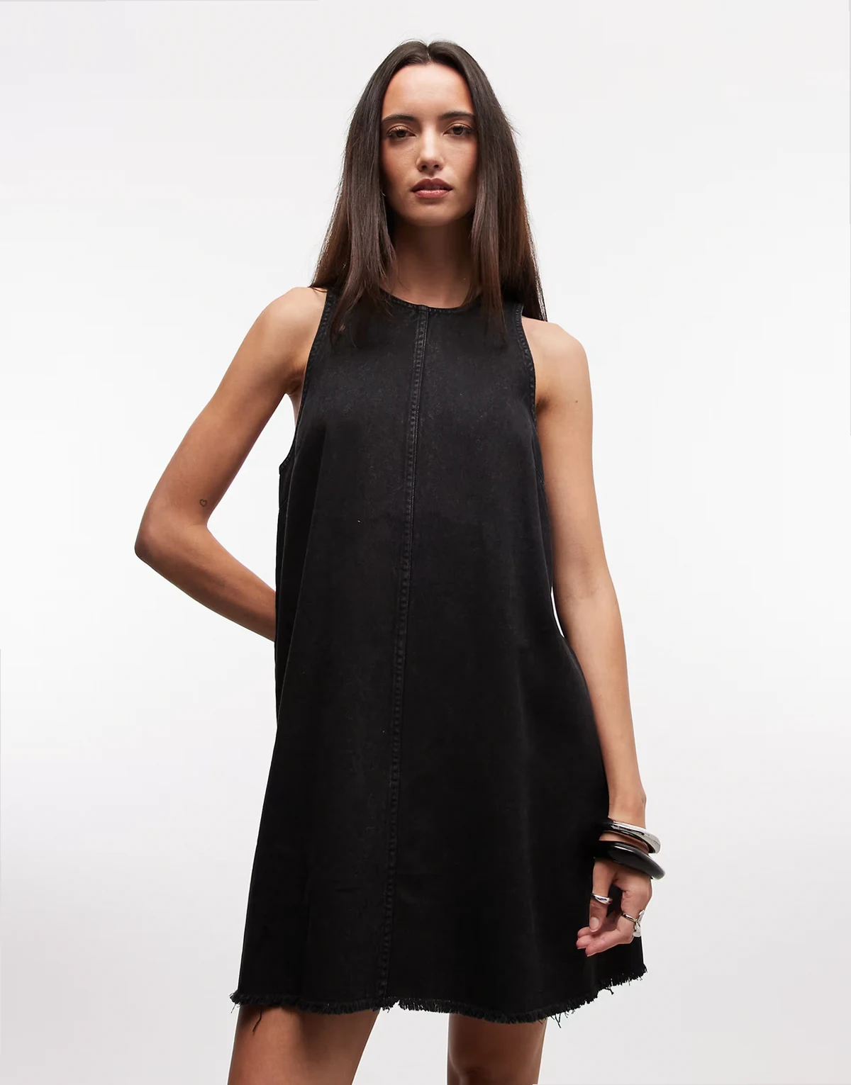 sleeveless a-line mini dress with frayed edges in black