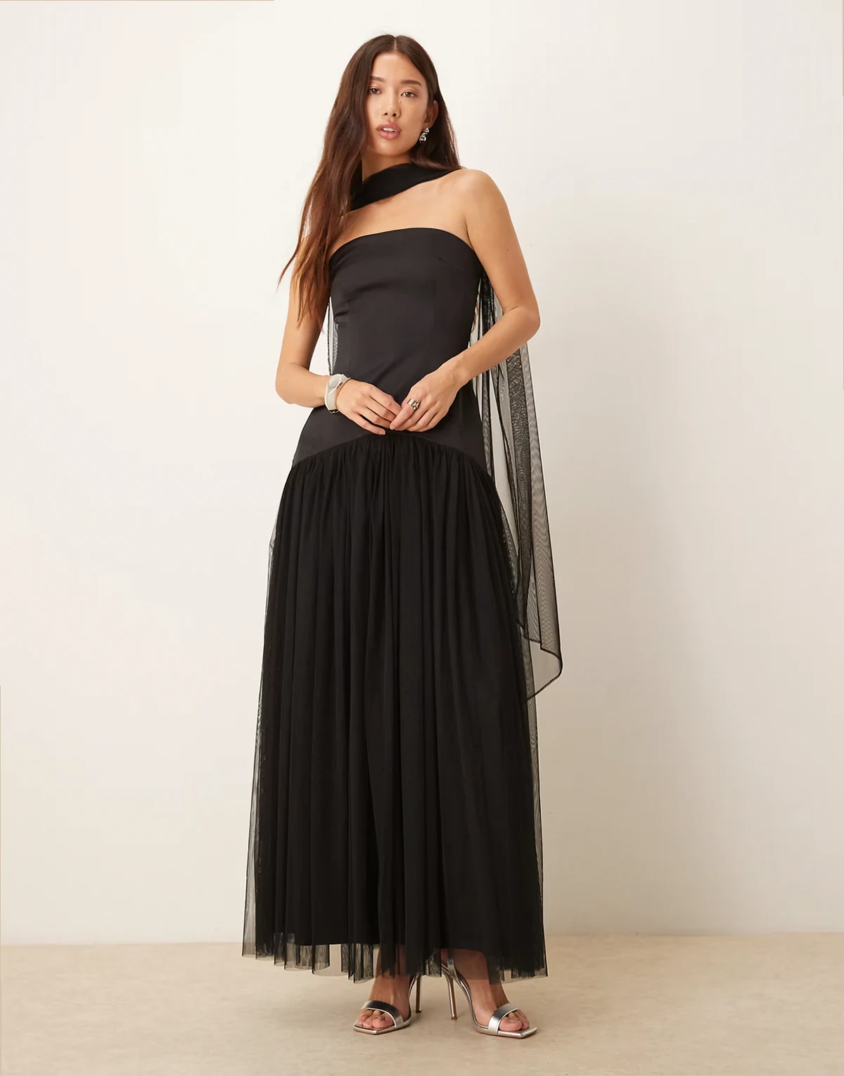 tulle bandeau dropped waist maxi dress with scarf in black
