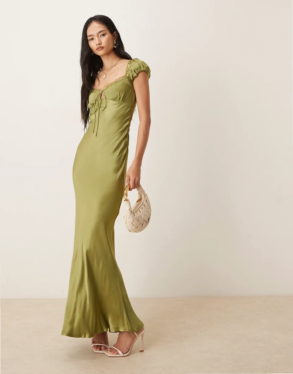 Stasia satin puff sleeve lace trim tie front detail maxi dress in olive