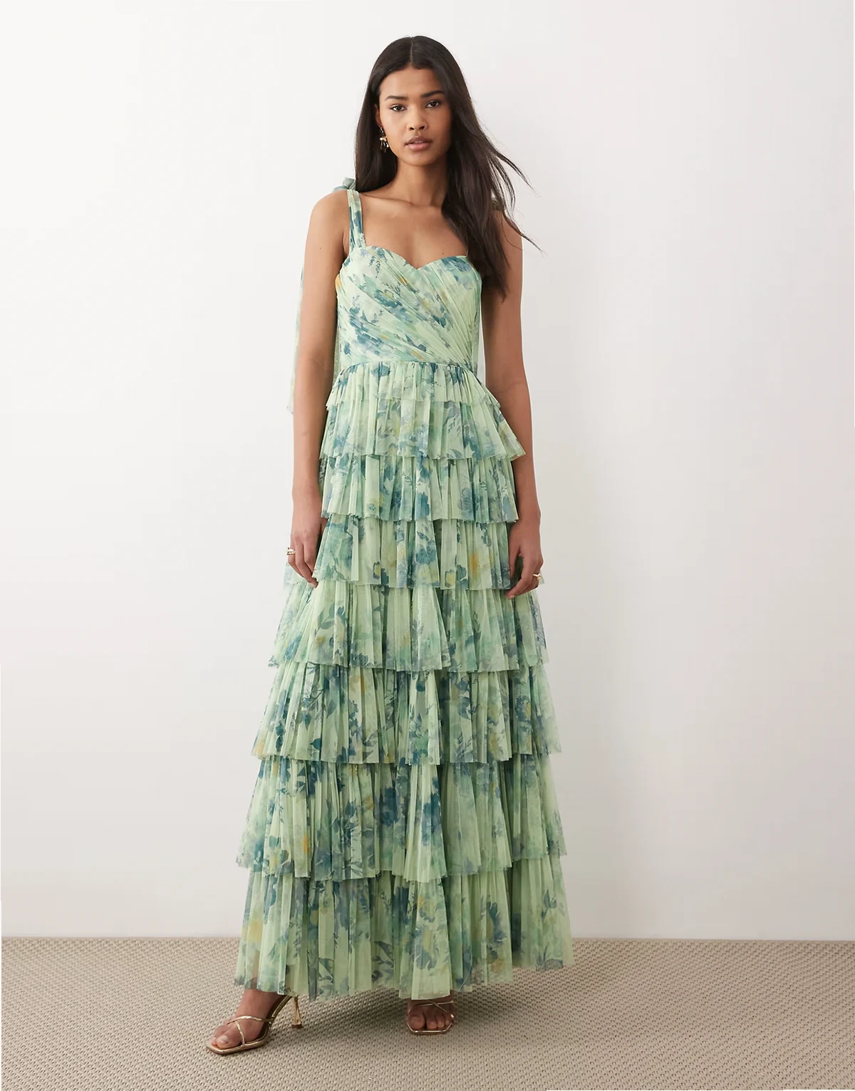 Bridesmaid bow shoulders tulle maxi dress in sage green print