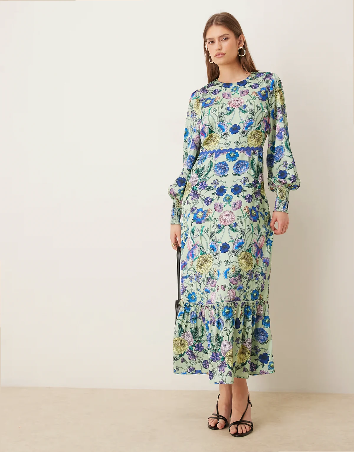 long blouson sleeves midaxi dress with bow back in blue mirror floral