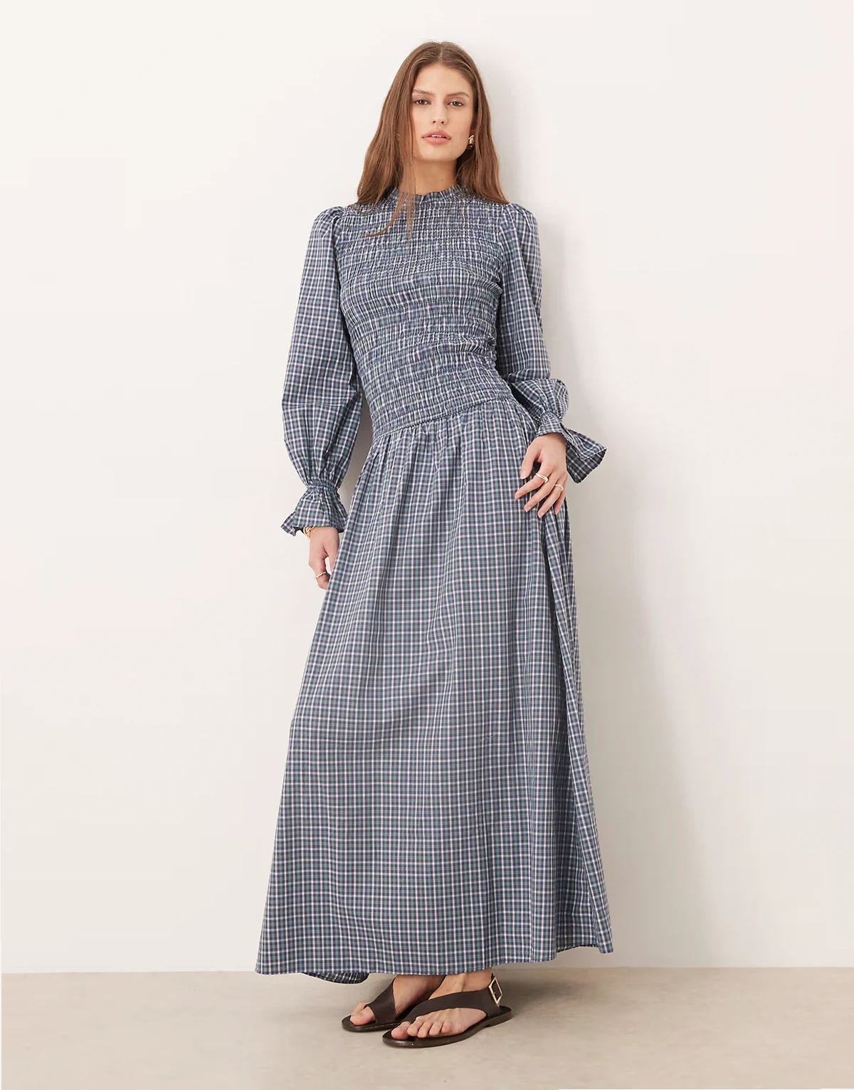 long sleeve dropped waist maxi dress in blue green plaid