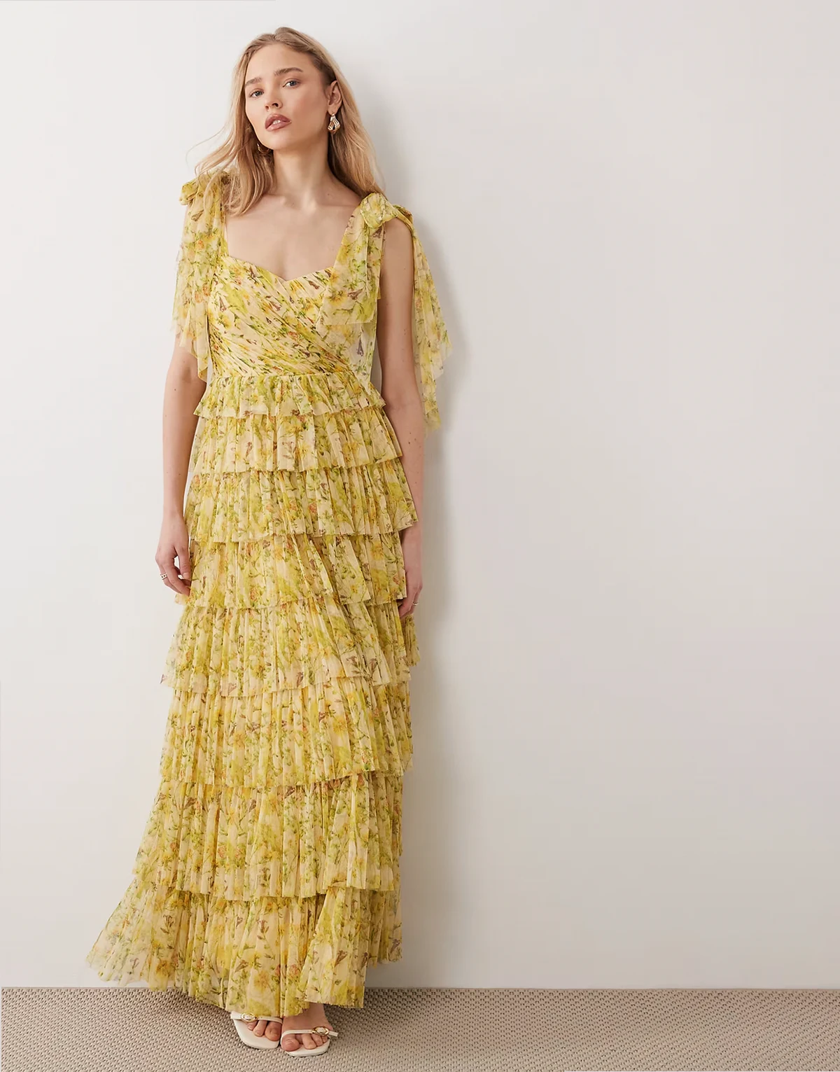 Ophelia bow shoulders tulle maxi dress in yellow floral