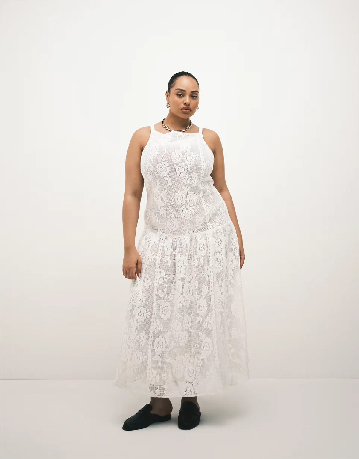 ASOS DESIGN Curve – Koronkowa sukienka midi z dekoltem w łódkę w kolorze kości słoniowej