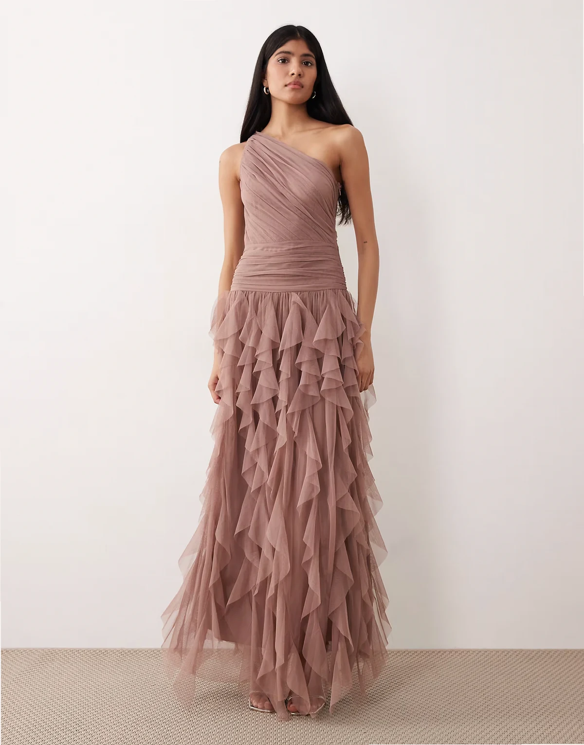 Bridesmaid tulle one shoulder waterfall ruffle maxi dress in taupe