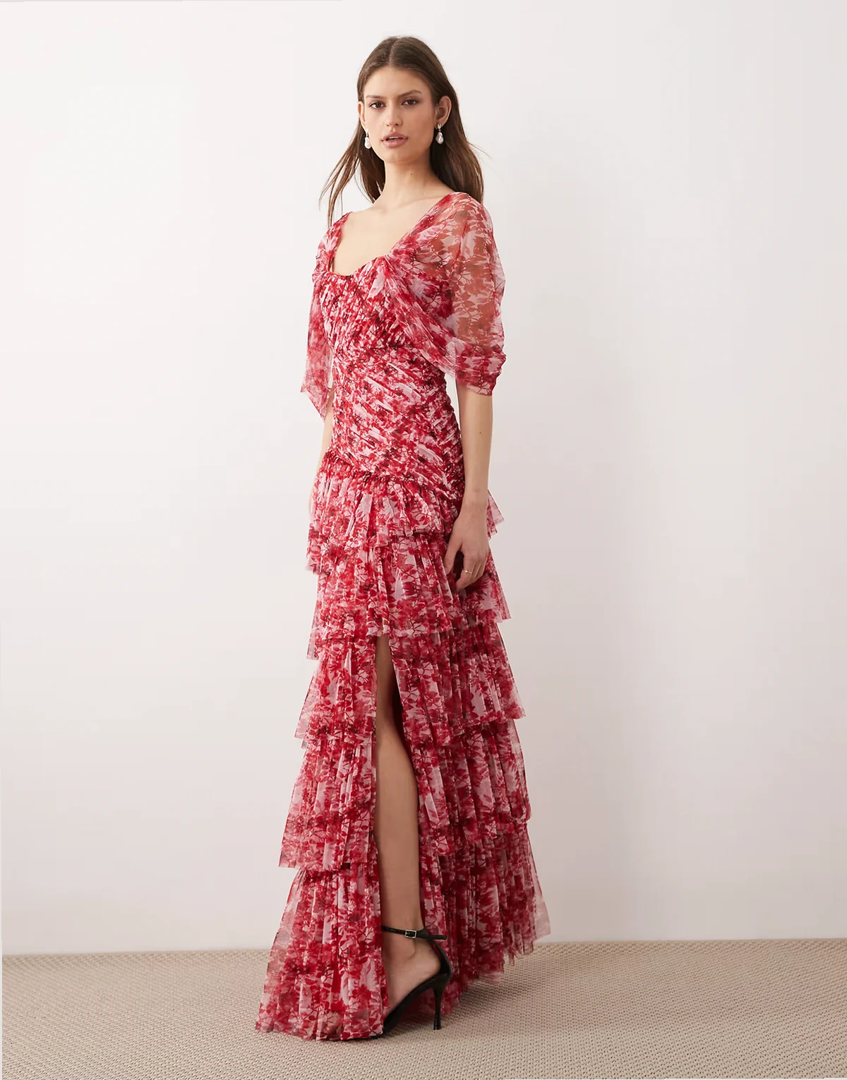 tulle ruffled skirt slit detail maxi dress in red and pink floral