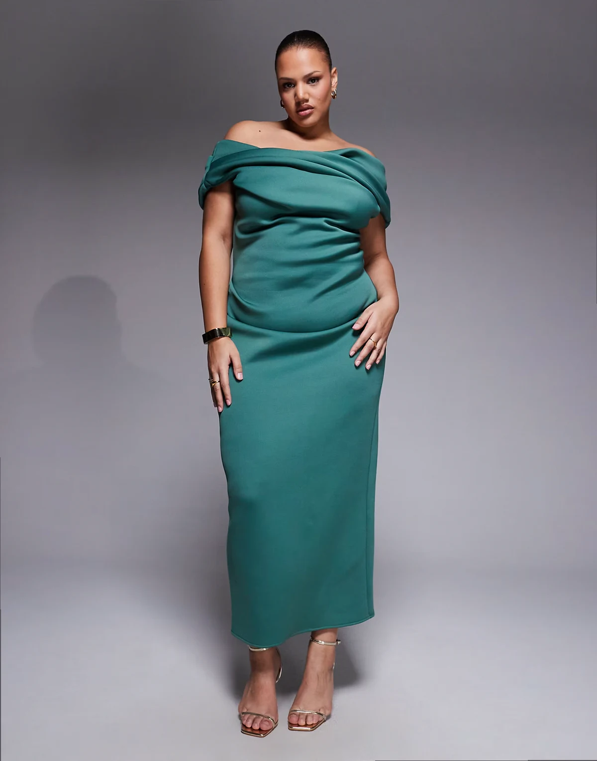 ASOS DESIGN Curve – Turkusowa sukienka midi z materiału w stylu scuba z dekoltem bardot i rozcięciem
